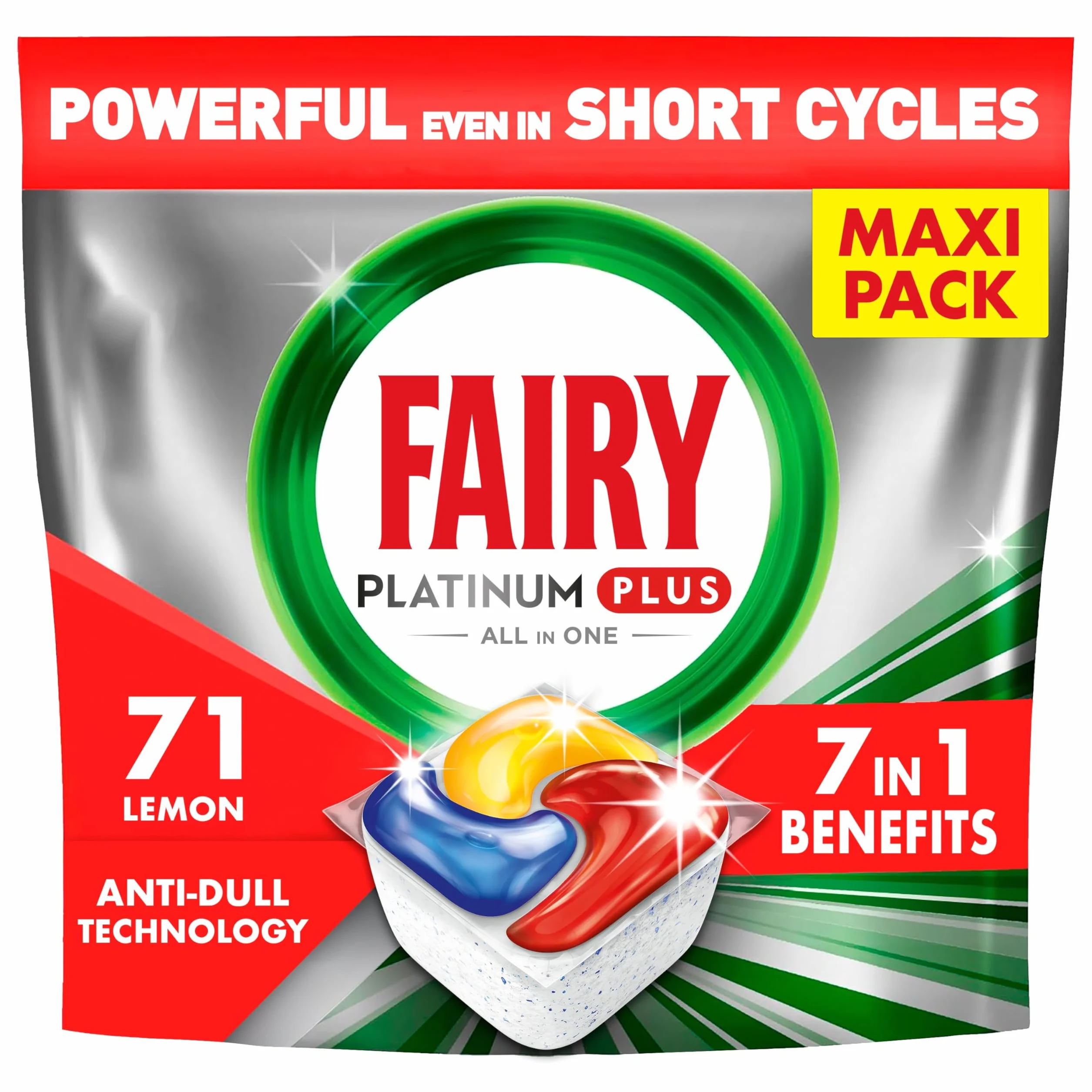 Fairy Platinum Plus Cytryna Tabletki do zmywarki All in One, 71 tabletek, najlepsze czyszczenie, aby naczynia były lśniąco czyste, nadają połysk i zapobiegają powstawaniu kamienia