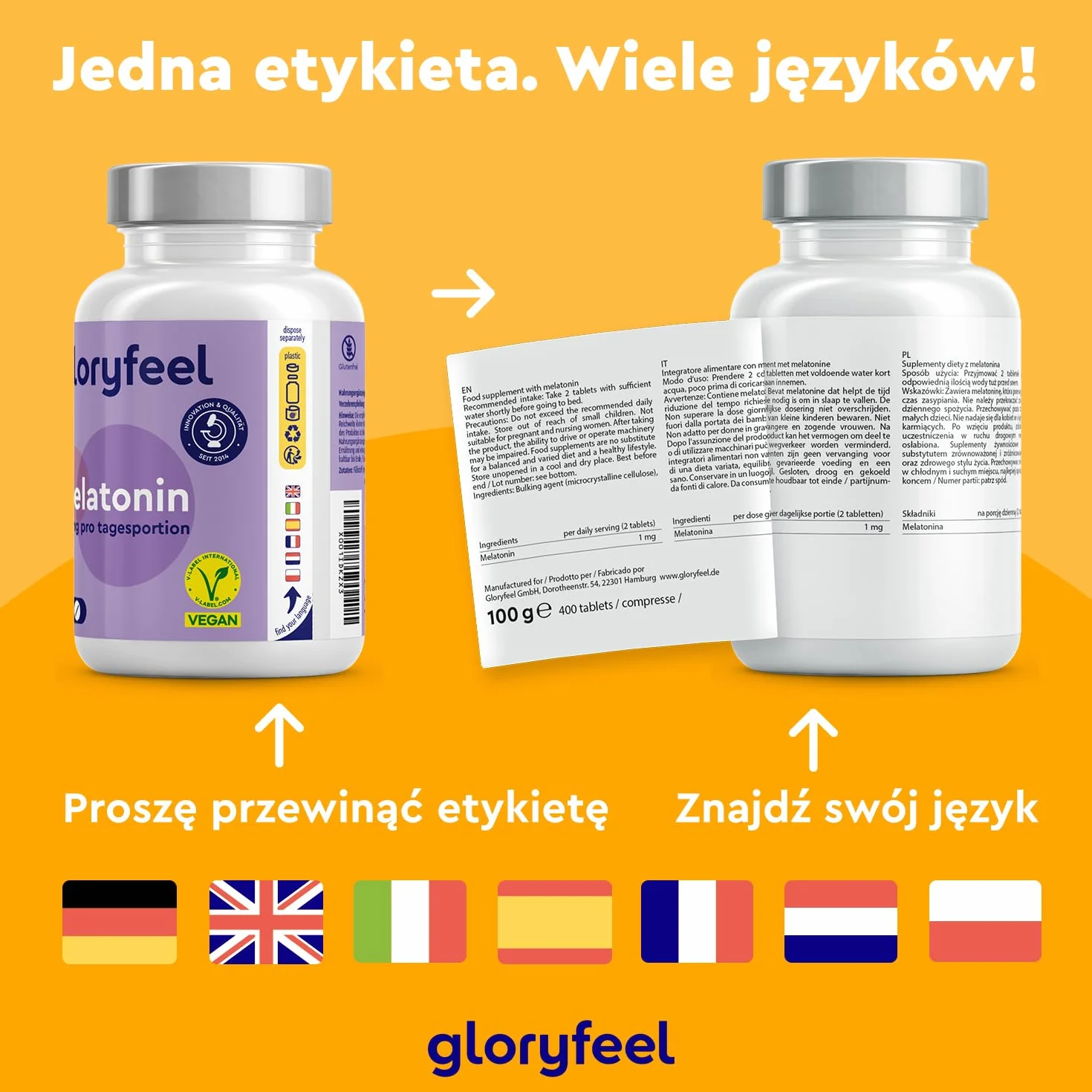 Melatonina - Wysoka dawka - 400 tabletek (13 miesięcy) - 0,5 mg bioaktywnej melatoniny na dzienną dawkę - 100% wegańska - Testowane laboratoryjnie - Wyprodukowano w DE bez niepotrzebnych dodatków