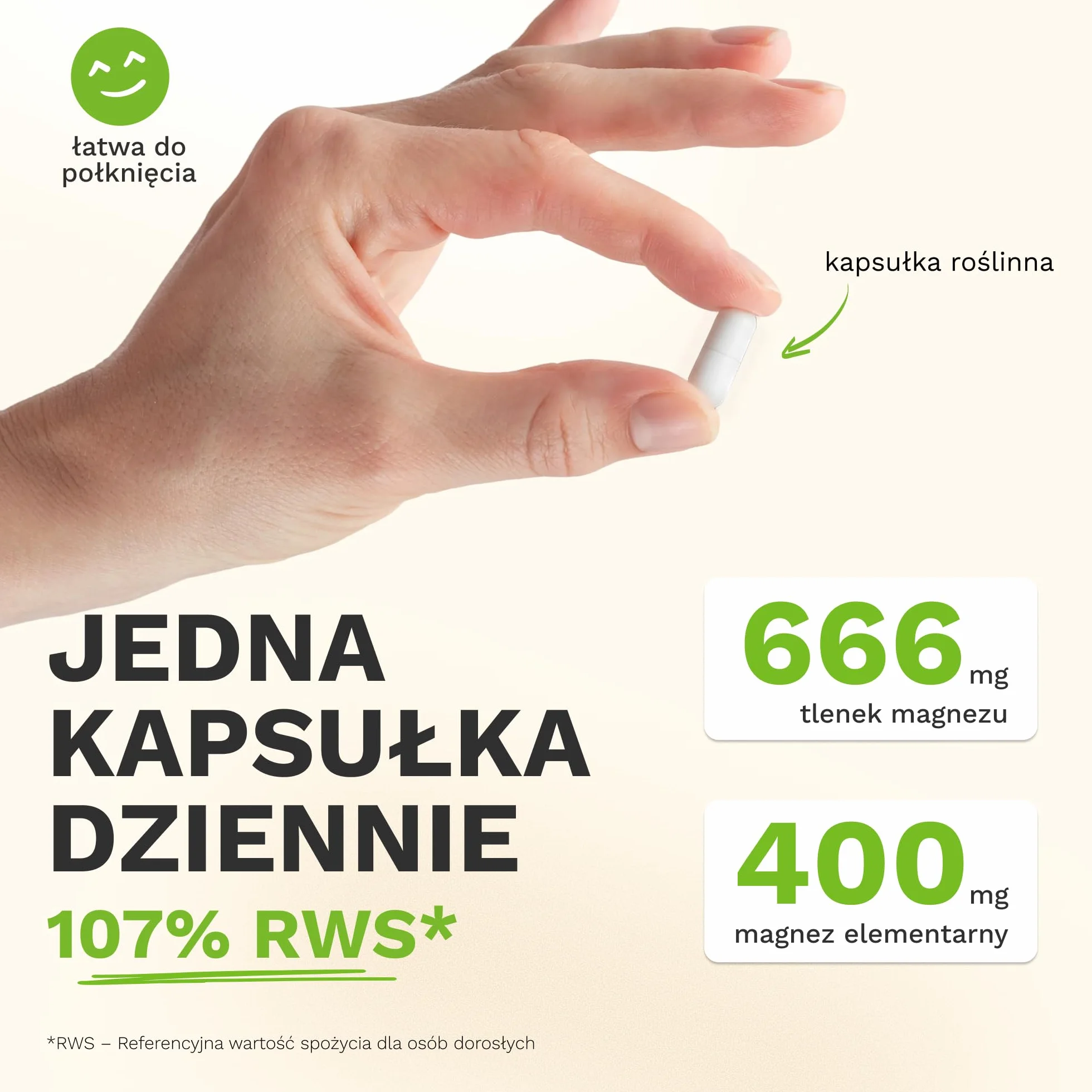 (107% RWS) Magnez 400 mg - 365 wegańskich kapsułek (roczny zapas) - łatwe do przełknięcia - dzienne zapotrzebowanie w 1 kapsułce - 666 mg, w tym 400 mg magnezu elementarnego