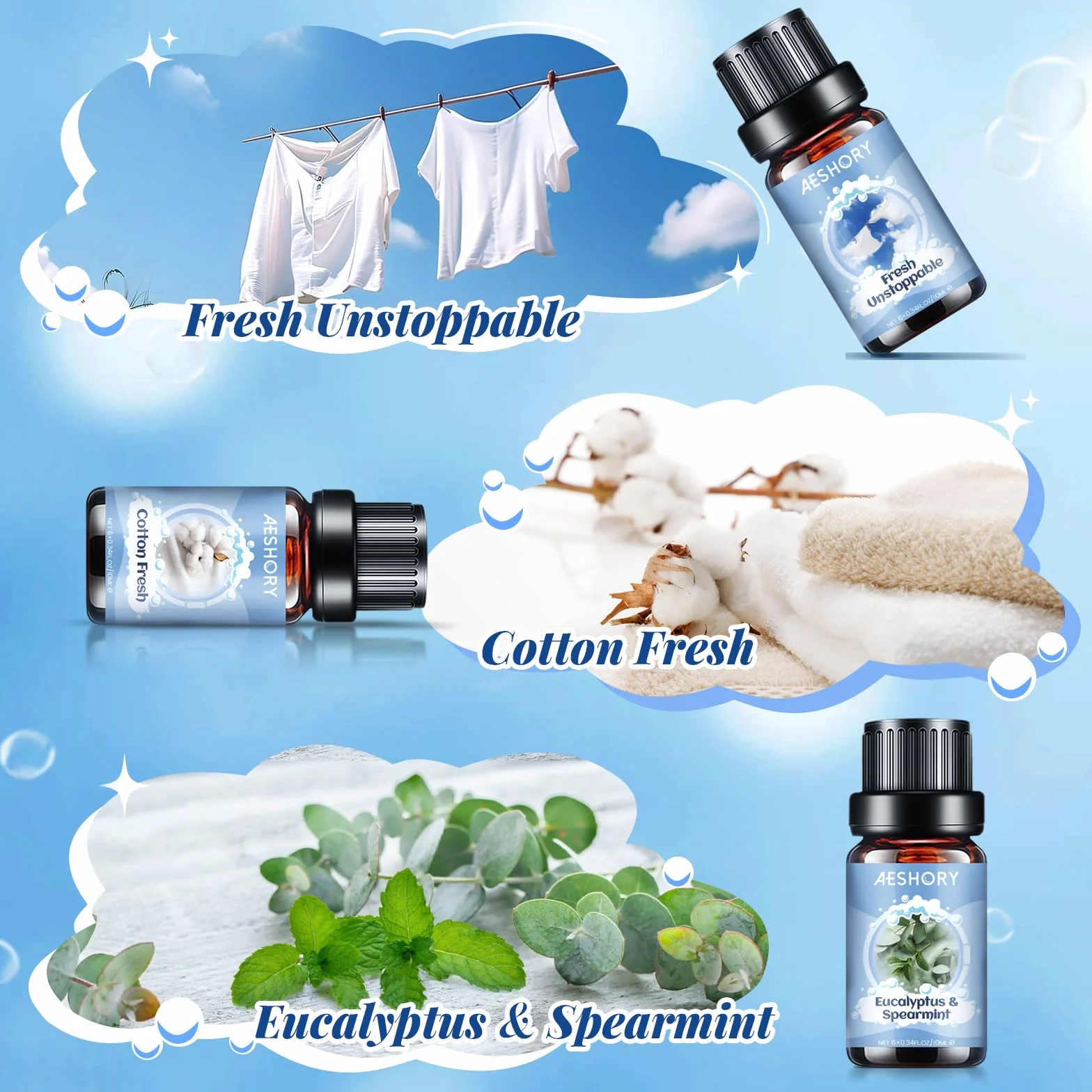 Zestaw Olejków Eterycznych Do Prania 6x10ml, Naturalny Olejek Zapachowy Do Dyfuzora, Czyszczenie – Niesamowicie Świeży, Len, Bawełna, Eukaliptus I Mięta, Pranie Jak Wróżka, Różany Cud