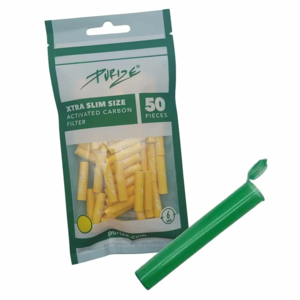 50 sztuk filtrów z węglem aktywnym Xtra Slim Size 6 mm, 2 ceramiczne nasadki, kolor do wyboru + joint tuba (żółty)