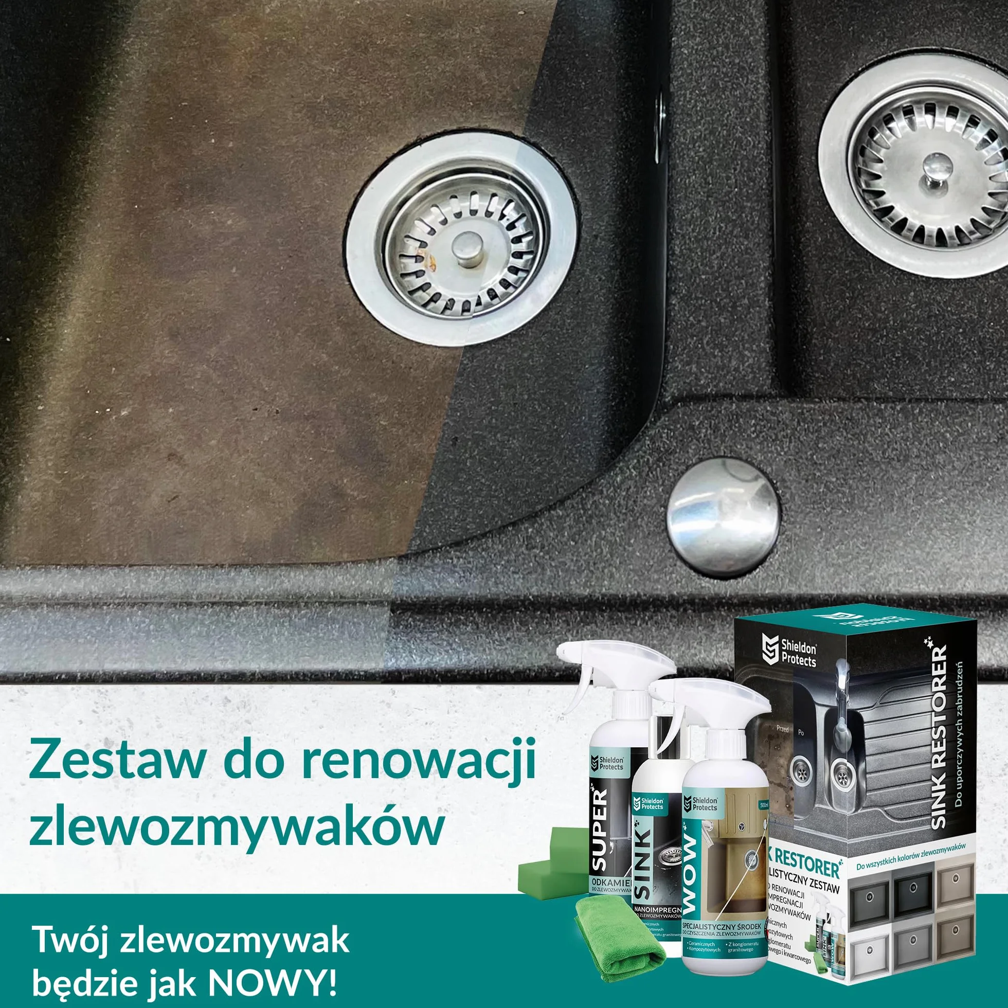 Shieldon Sink Restorer Zestaw do czyszczenia zlewu granitowego 3-etapowy system