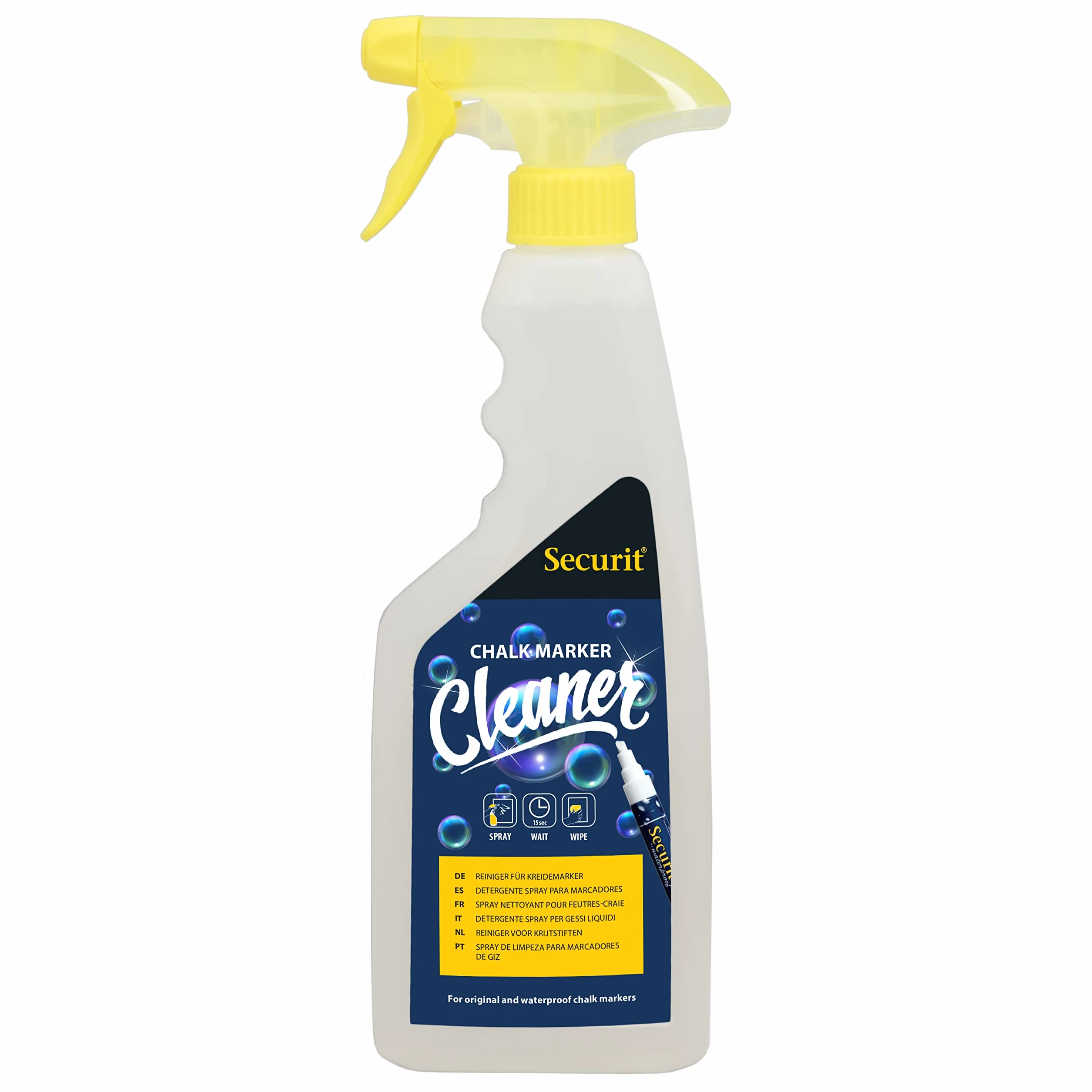 Securit Płynny spray do czyszczenia długopisów kredowych 500 ml – usuwanie resztek płynnej kredy z tablic i tablic, spray do czyszczenia markerów malarskich, przybory szkolne – środek do czyszczenia szkła