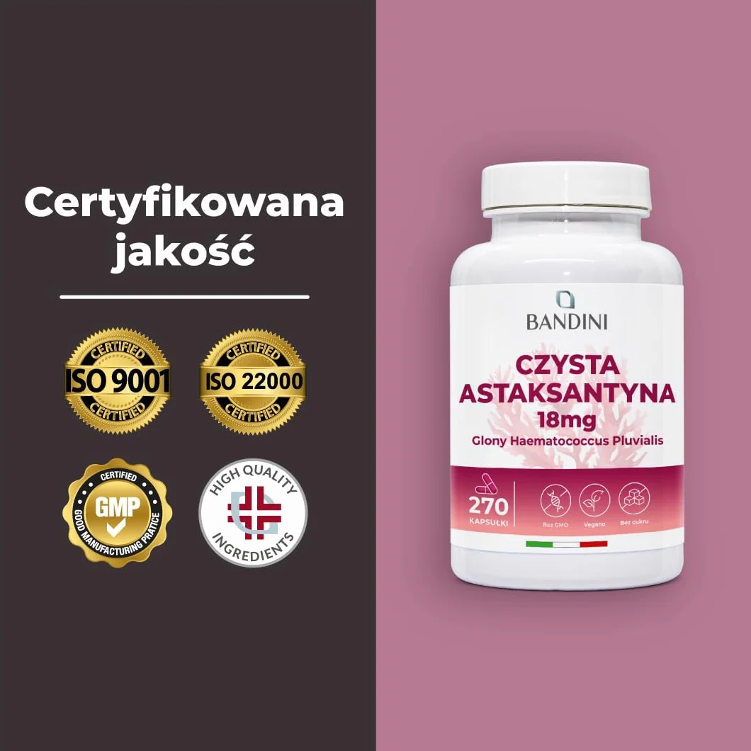 Bandini® Natural Astaxanthin - 18 mg 270 kapsułek - Najlepszy antyoksydant pozyskiwany z alg Haematococcus Pluvialis - chroni organizm przed utlenianiem - czysta astaksantyna