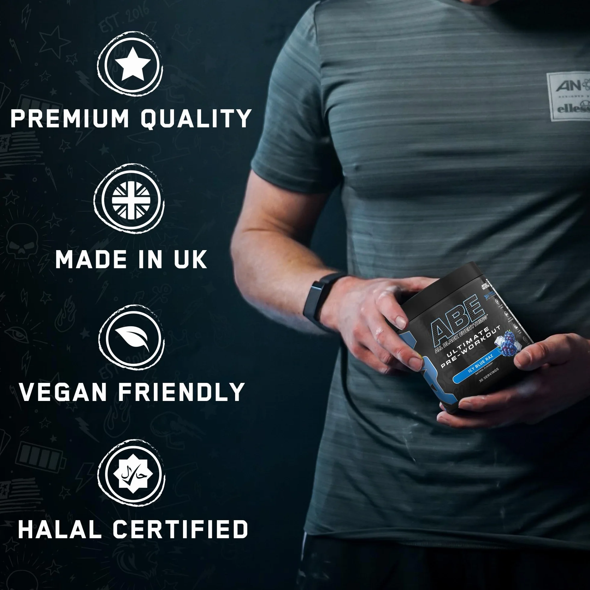 Applied Nutrition ABE Pre Workout - All Black Everything Pre Workout Powder, Energia i Wydolność Fizyczna z Cytruliną, Kreatyną, Beta-Alaniną (Energy Flavour, 375g - 30 porcji)