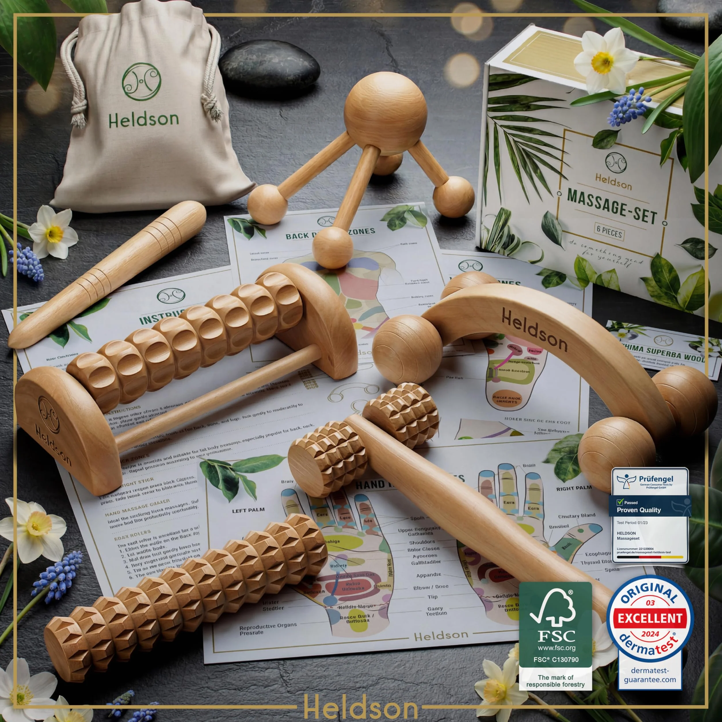 HELDSON® Zestaw do masażu drewna 6 części FSC®100% – narzędzia do masażu stóp, głowy, wałek do masażu
