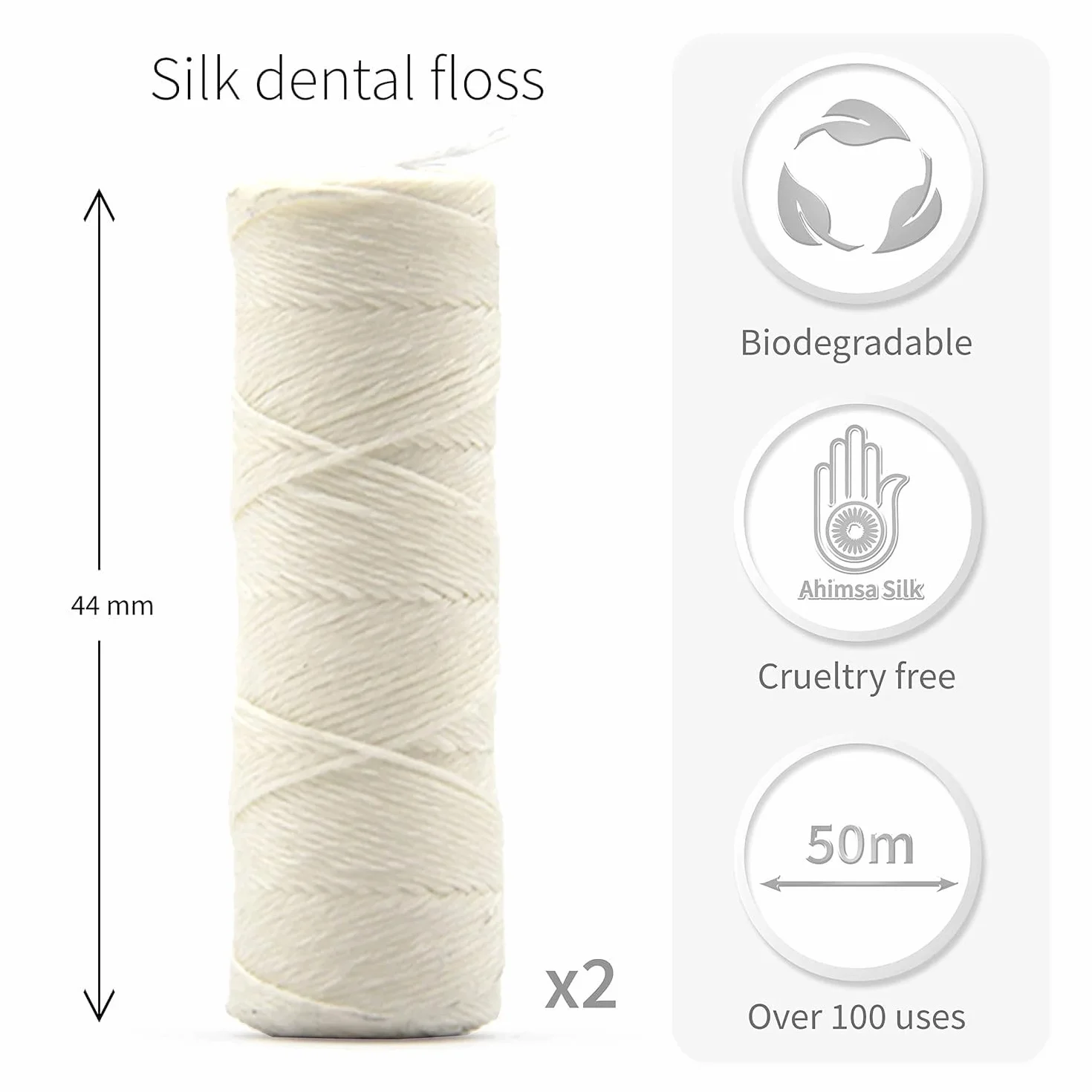 Naturalna nić dentystyczna bez plastiku | woskowana nić dentystyczna, opakowanie uzupełniające 2 x 50 m | Bambaw