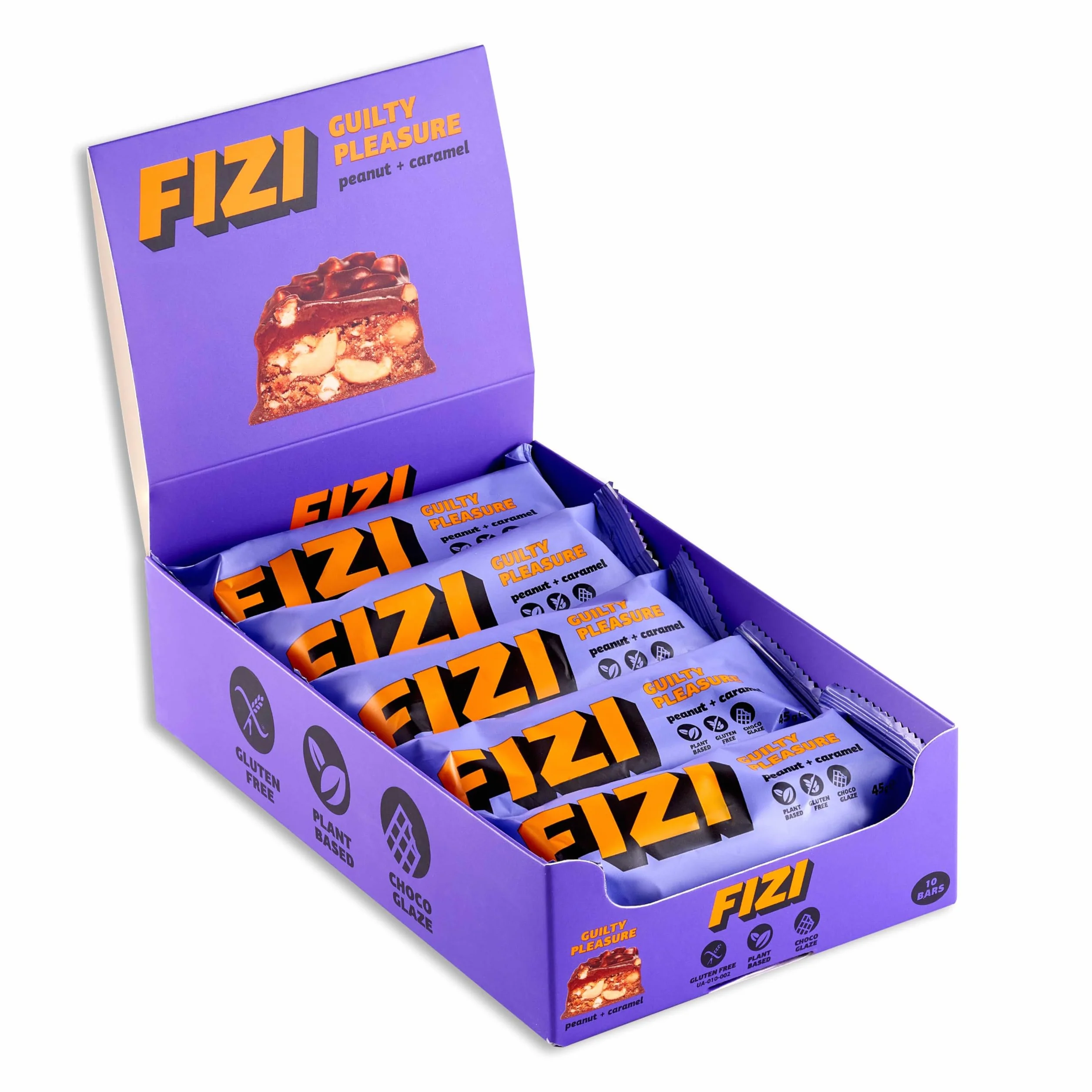 FIZI Czekoladowe Batony Wegańskie Orzech Ziemny i Karmel, Baton na bazie roślin, w czekoladowej polewie, Bez rafinowanego cukru, Bez glutenu, Bez GMO, Bez laktozy, Idealna przekąska w podróży (10x45g)