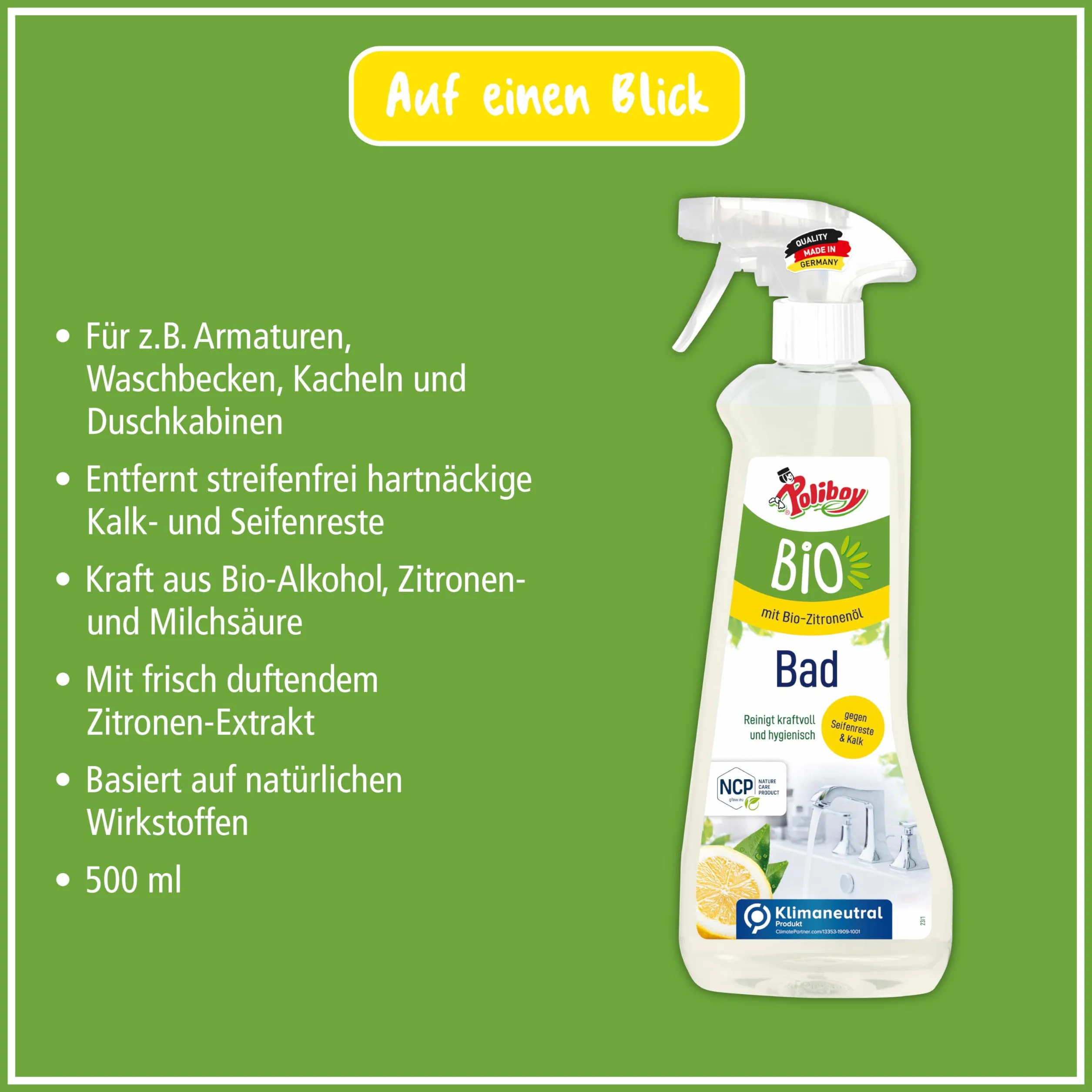 POLIBOY Bio środek czyszczący do łazienki, rozpuszcza kamień, brud i plamy z wody, zapach cytrynowy, wegański, 2 x 500 ml, z próbką produktu, wyprodukowano w Niemczech