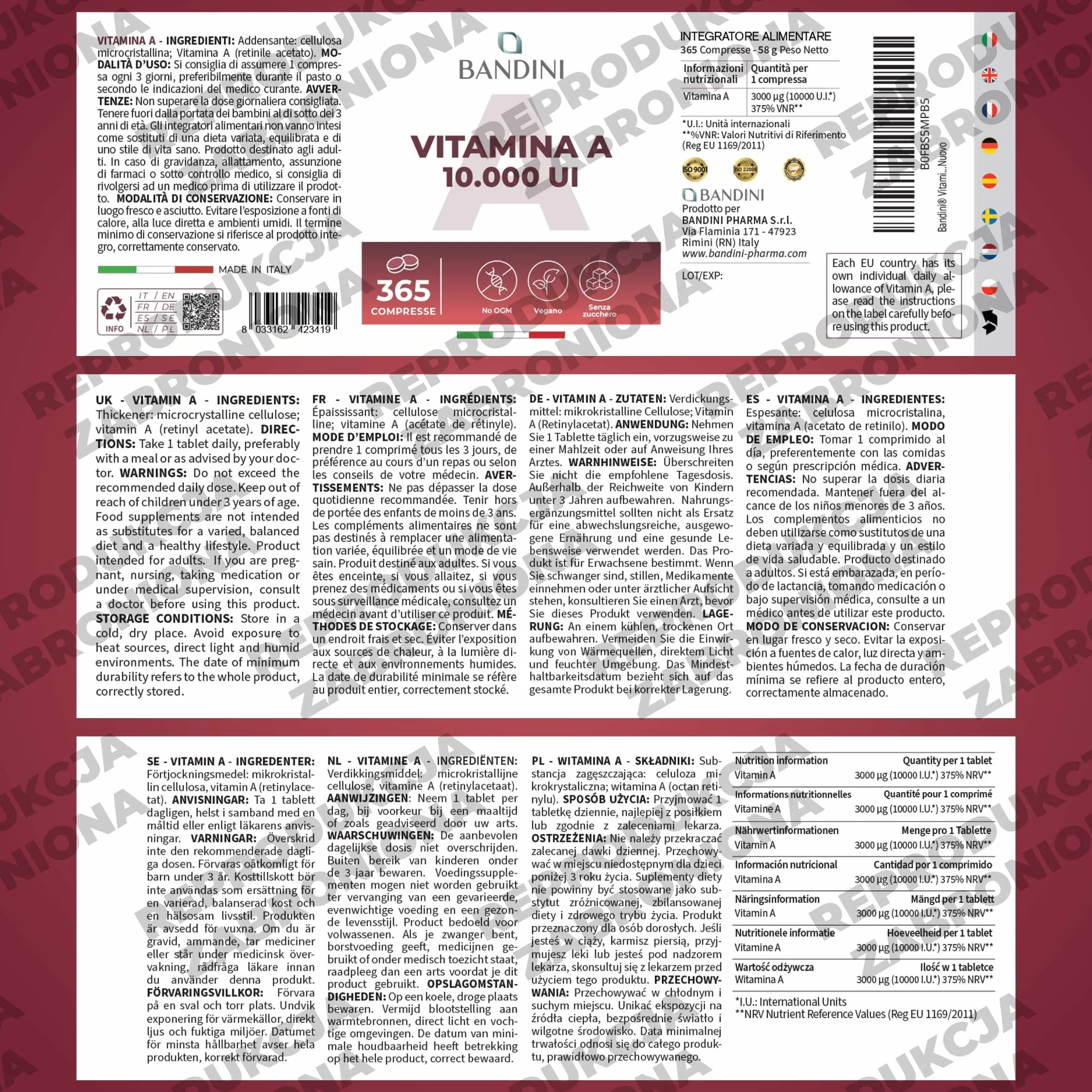 Bandini® Czysta Witamina A 10000 IU, 365 wegańskich tabletek (1+ rok), Pomaga utrzymać prawidłową skórę i wzrok, Octan retinylu, Alternatywa dla kropli i kapsułek witaminy A, Bez sztucznych dodatków