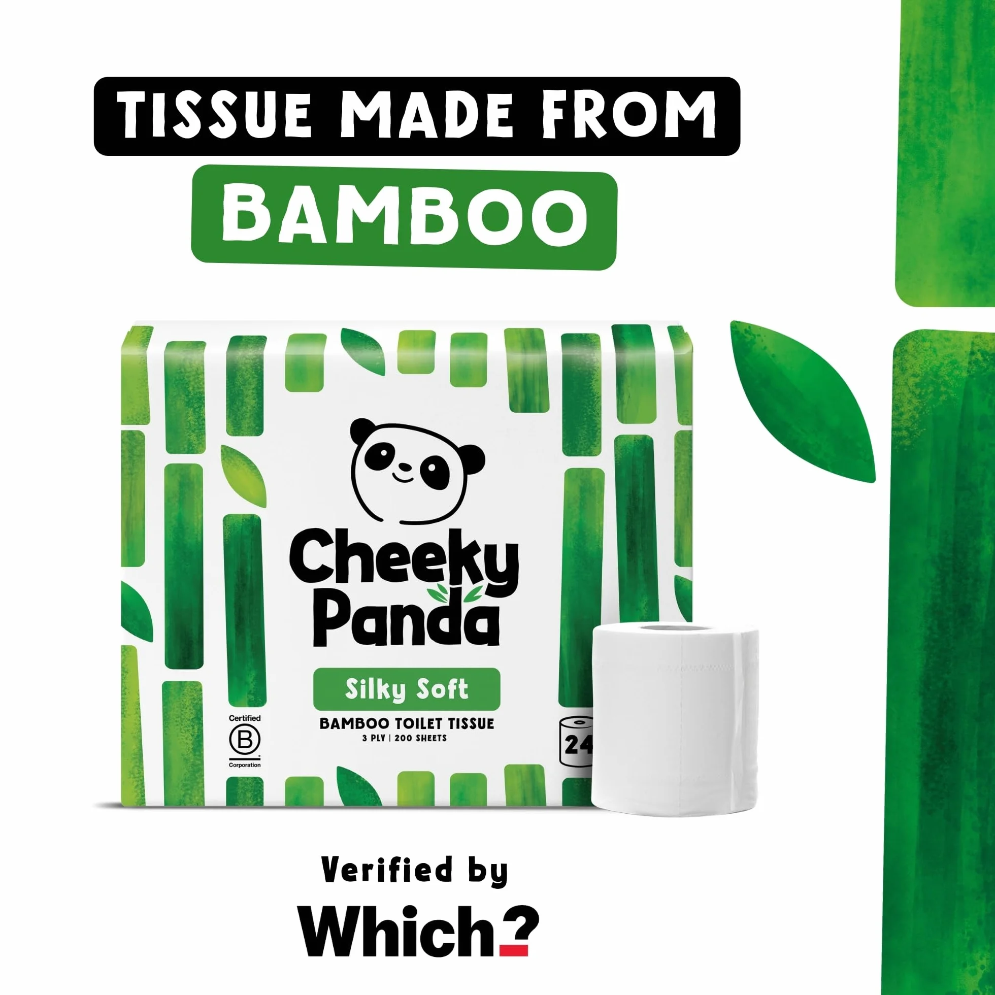 Cheeky Panda Bambusowe rolki toaletowe – 24 rolki 3-warstwowego papieru toaletowego | opakowanie bez plastiku | zrównoważony papier bibułowy | biały