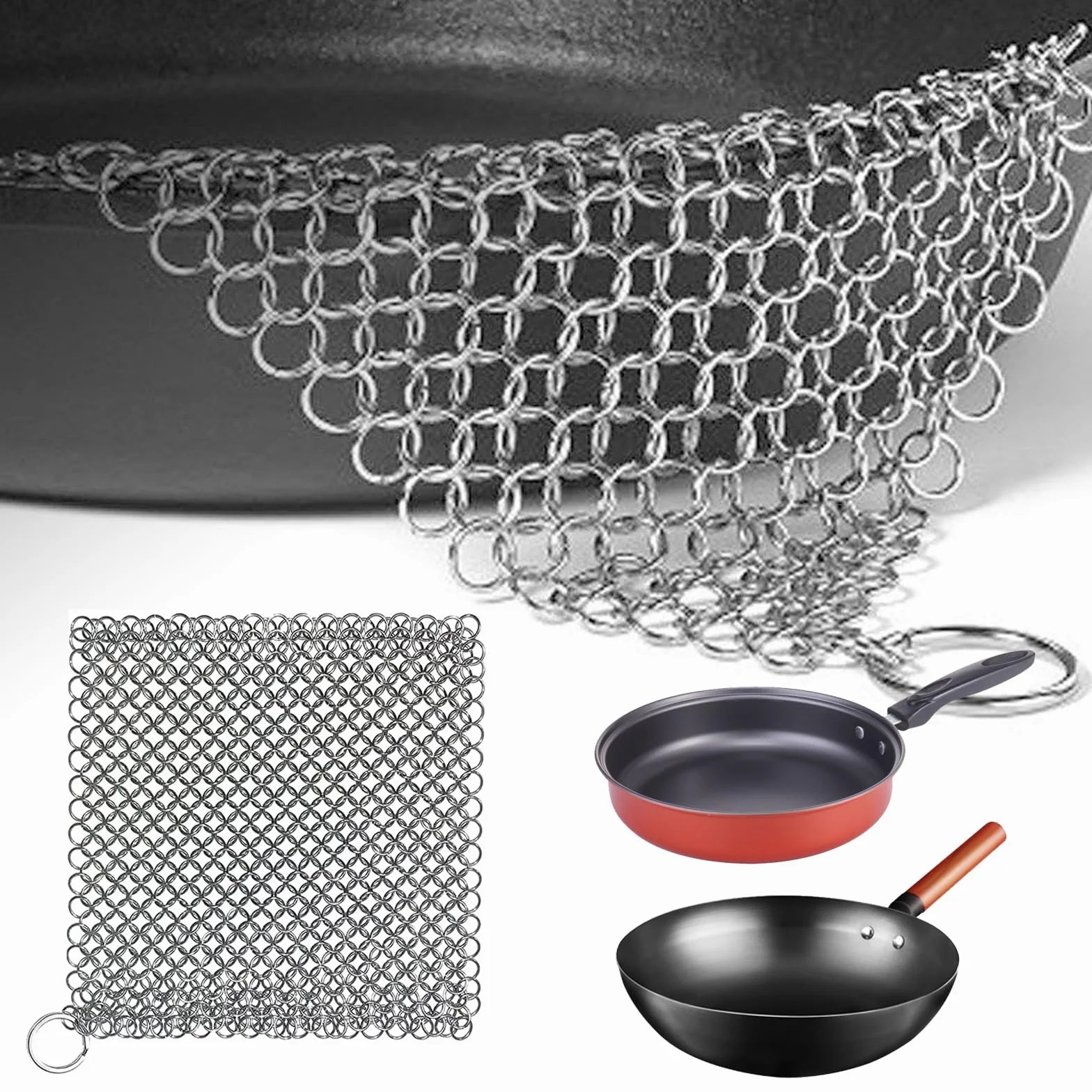 Środek do czyszczenia żeliwa ze stali nierdzewnej, skrobak Chainmail z wytrzymałym plastikowym skrobaczem do grilla i samoprzylepnymi haczykami do czyszczenia patelni żeliwnych lub woków i więcej