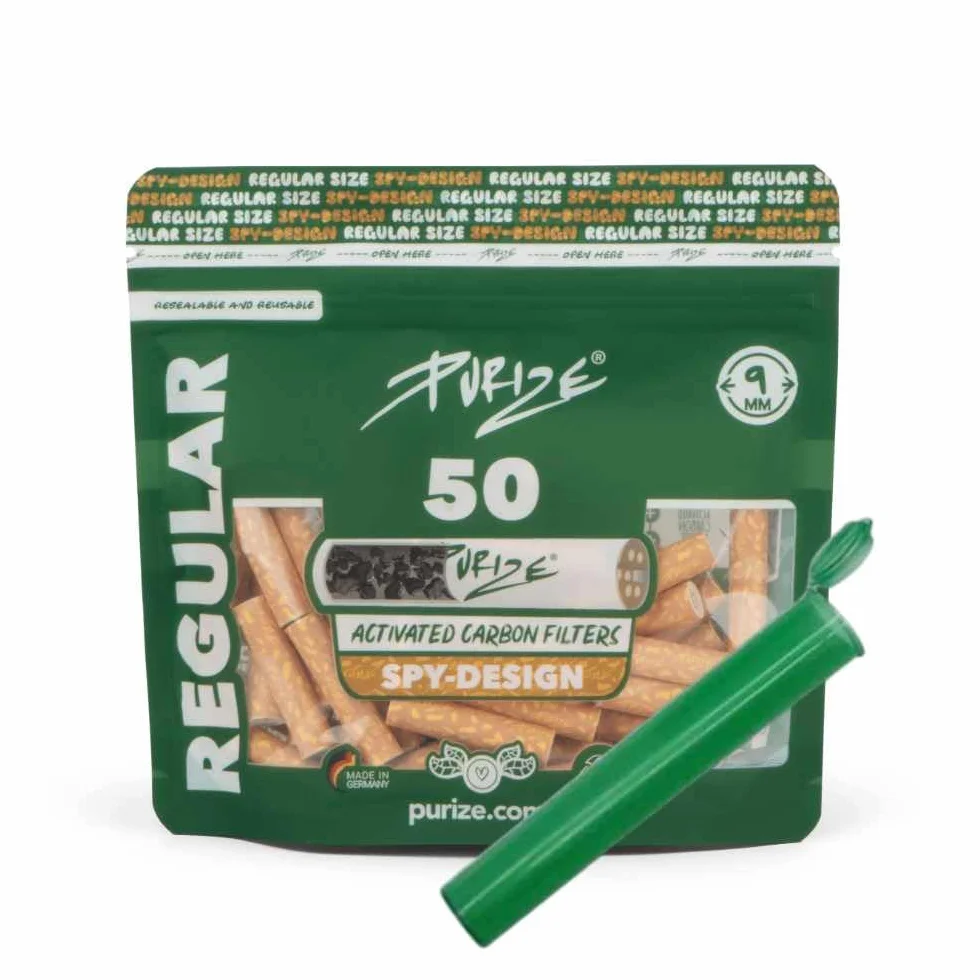 PURIZE Filtr z węglem aktywnym, 9 mm, regularny rozmiar, w zestawie joint tuba i 1/5 naklejki, ilość i kolor do wyboru (50 x – 420 x) (SPY, 50)