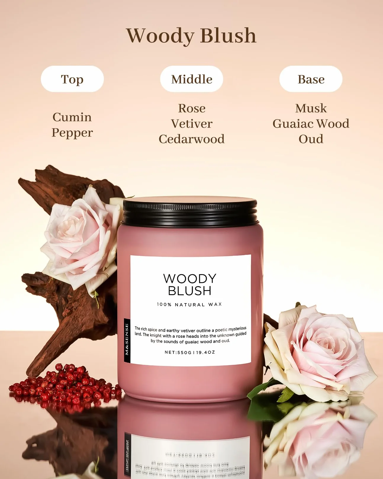 M&SENSE Róża & Wetiver - Świeca Sojowa w Szkle (550g, 110h) | 2 Knoty, Intensywny Zapach | Relaksująca Aromaterapia | Jesienna Dekoracja i Pomysł na Prezent