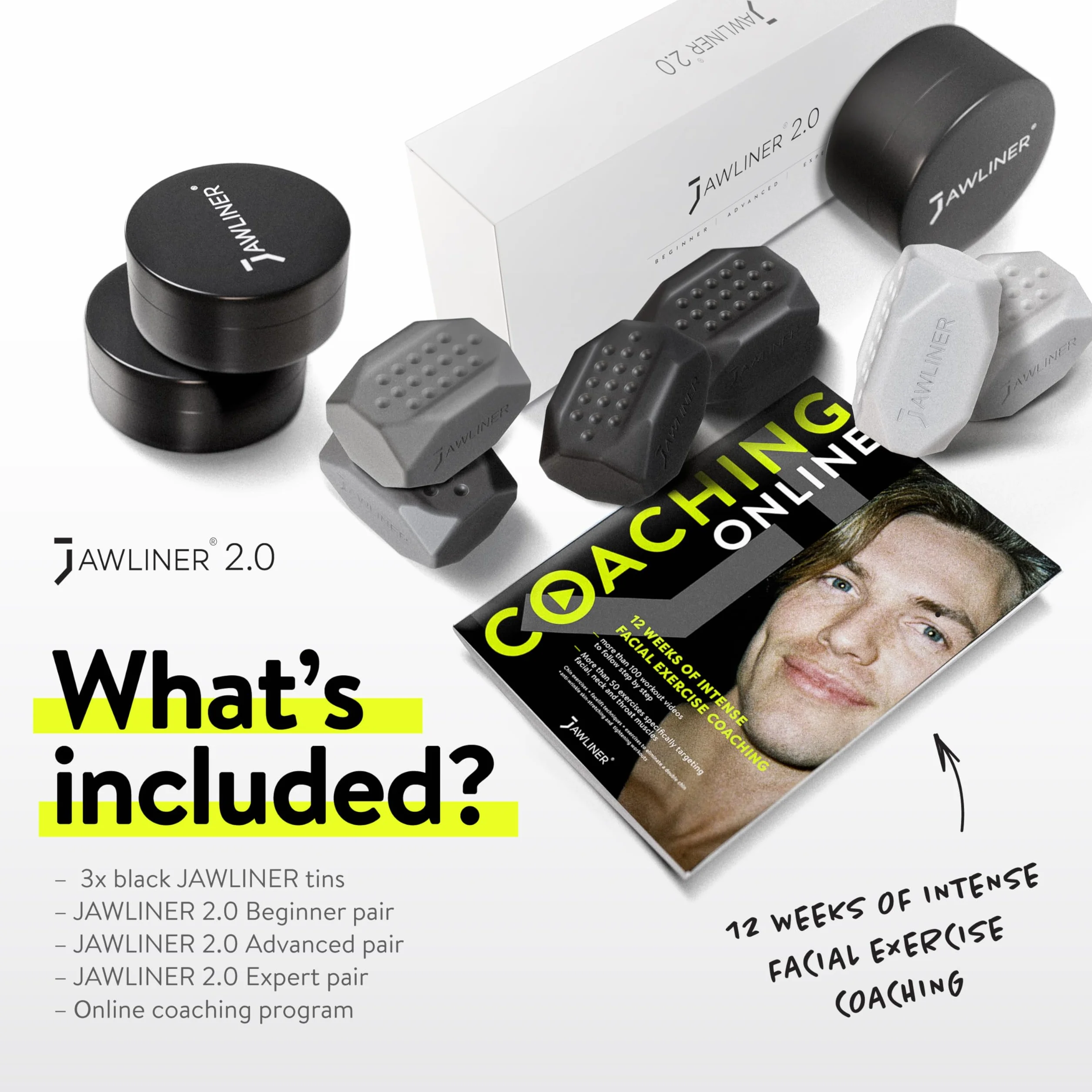 Jawliner® Trener Szczęki dla Mężczyzn i Kobiet – 3 Poziomy Oporu – Redukcja Podwójnego Podbródka – 100% Silikon Spożywczy – Wzmacnia Szczękę, Twarz i Szyję