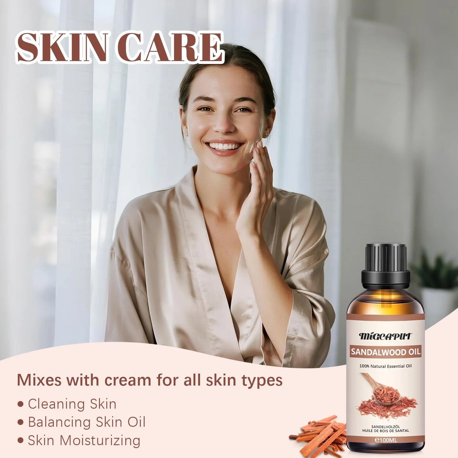 MIGCAPUT Olejek Eteryczny z Drzewa Sandałowego 100ML, Naturalny Olejki Aromaterapeutyczny, Olejek Zapachowy Premium do Dyfuzora, SPA, Masażu, Ręcznie Robione Mydło, Ręcznie Robione Świece