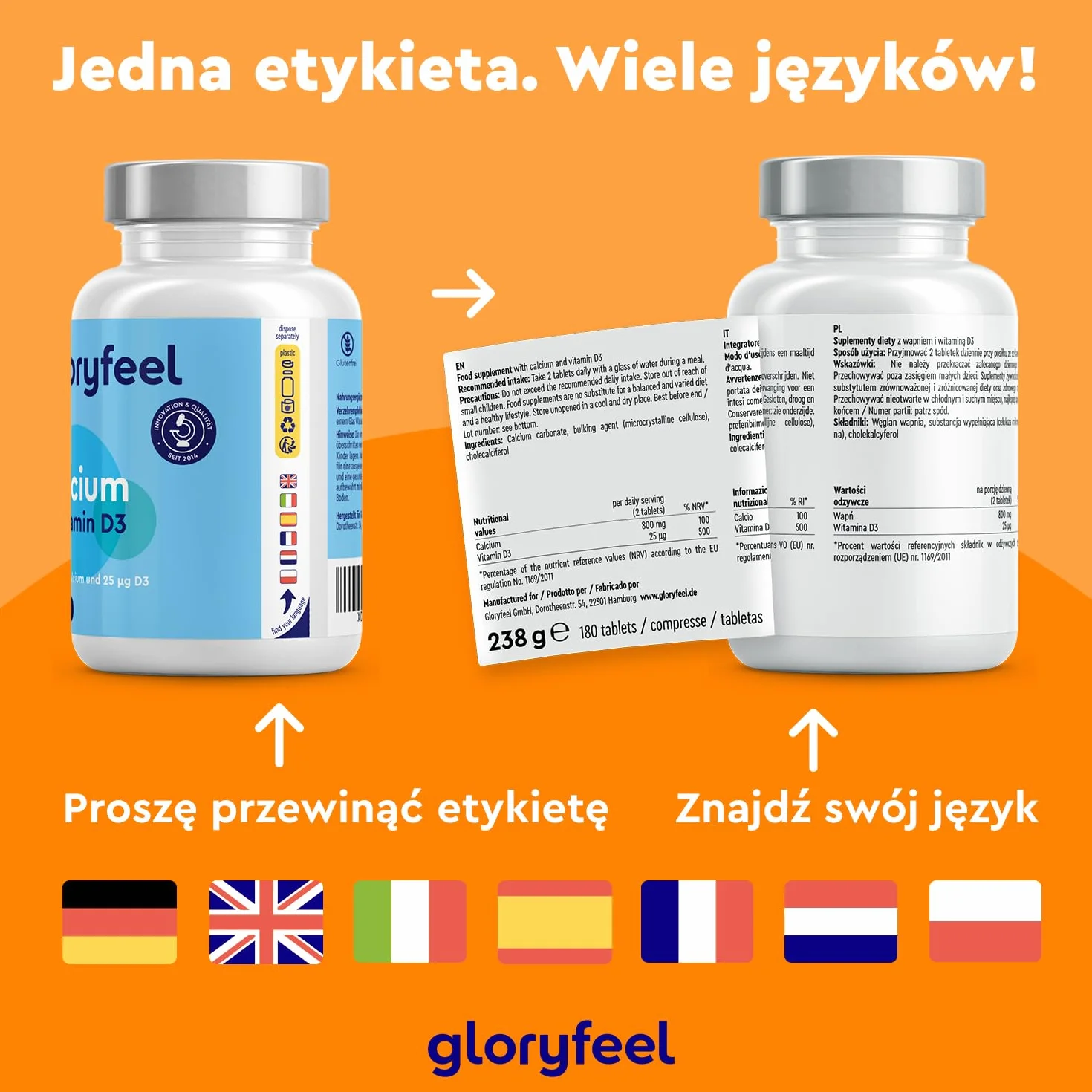 Wapń + witamina D3 - Wysoka dawka 800 mg węglanu wapnia + 1000 IU witaminy D3 na dawkę dzienną - 180 tabletek wegetariańskich (3 miesiące) - Testowane laboratoryjnie, bez dodatków