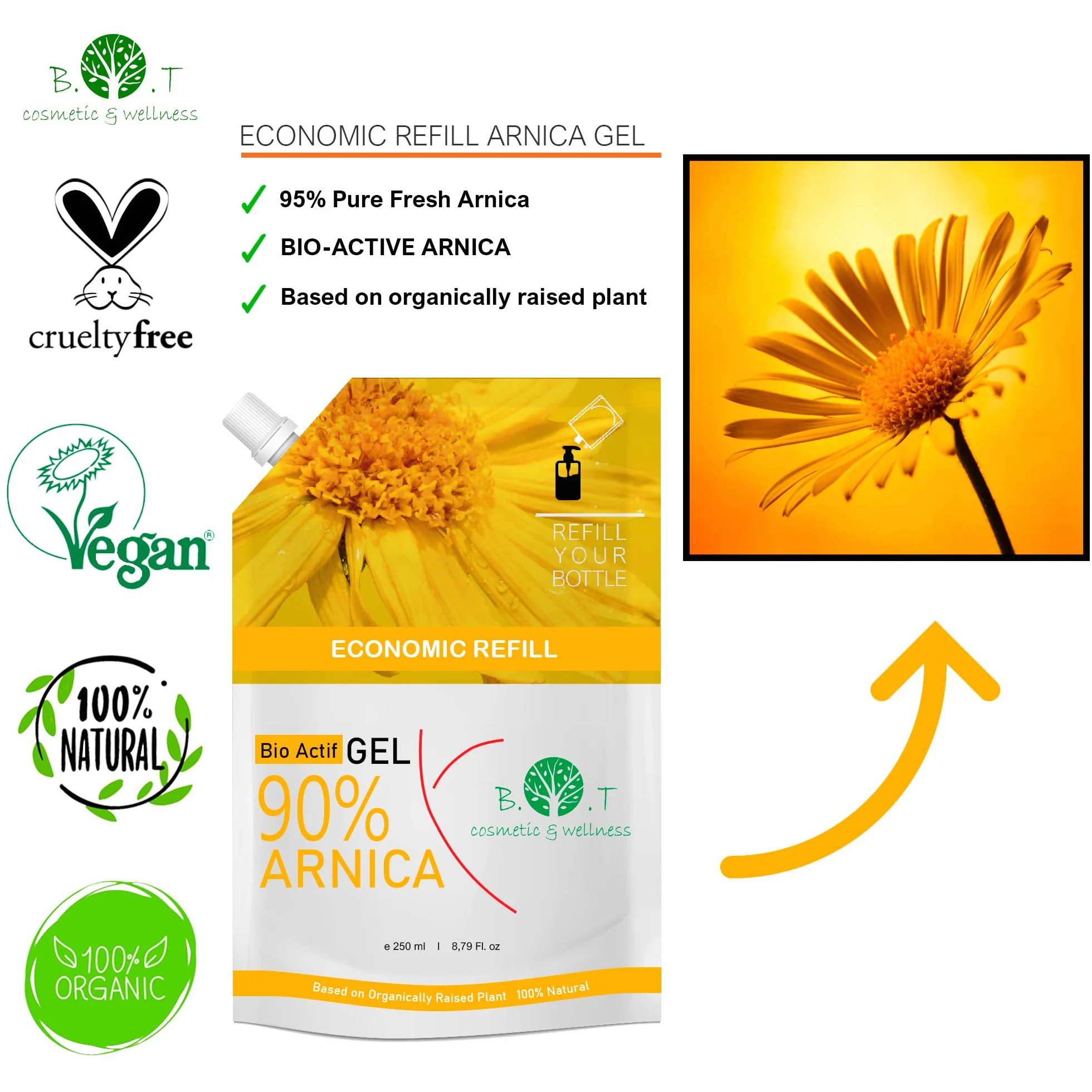 B.O.T cosmetic & wellness - 100% Naturalny Żel z Arniki, Ekstrakt Bezpośrednio z Kwiatu | Intensywny Żel Sportowy | Relaksacyjny Żel do Masażu | 250ml Bez Tłustych Pozostałości