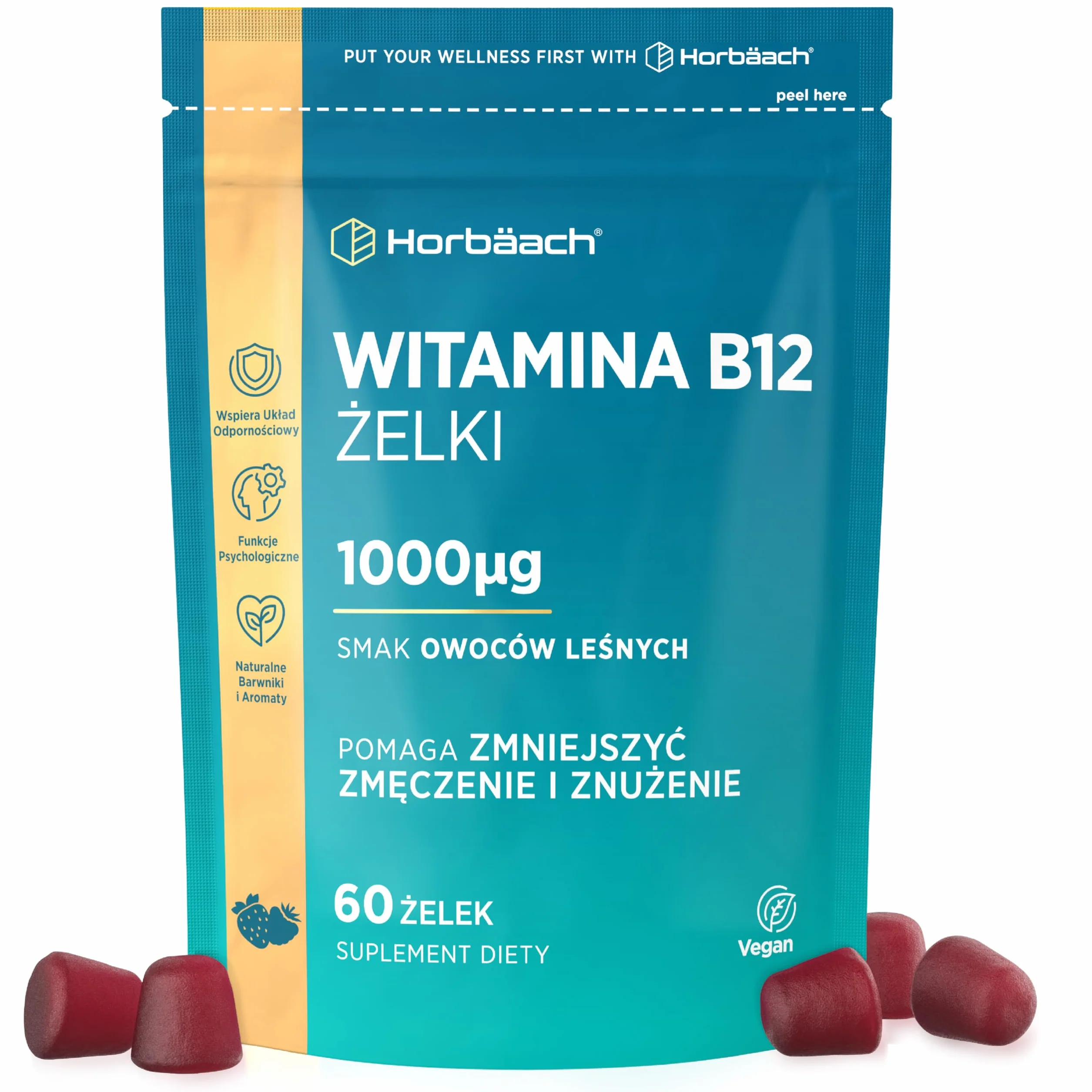 Witamina B12 Żelki 1000mcg | Wysoka dawka | Smak Owoców Leśnych | Suplement witaminy B12 (cyjanokobalamina) Wspierający Poziom Energii | Odpowiednie dla wegan | marki Horbaach