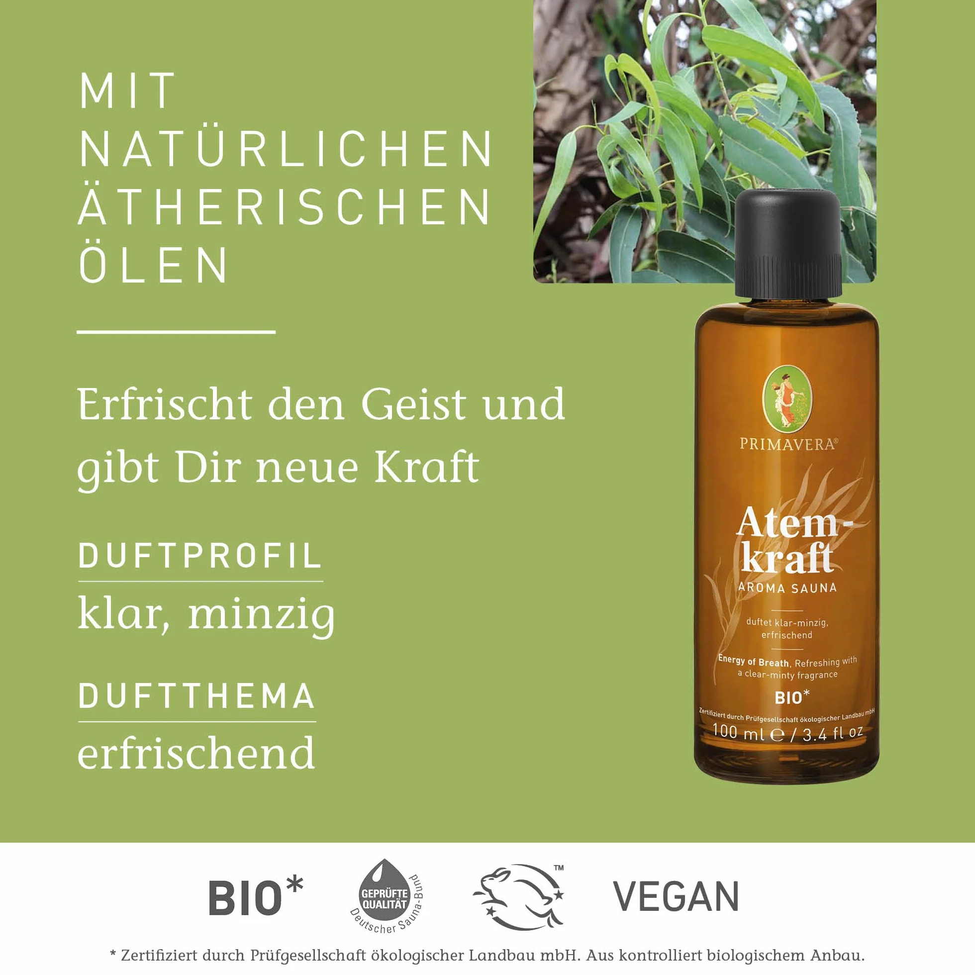 PRIMAVERA Aroma Sauna bio 100 ml olejek do sauny jasno-miętowy zapach odświeżający wegański