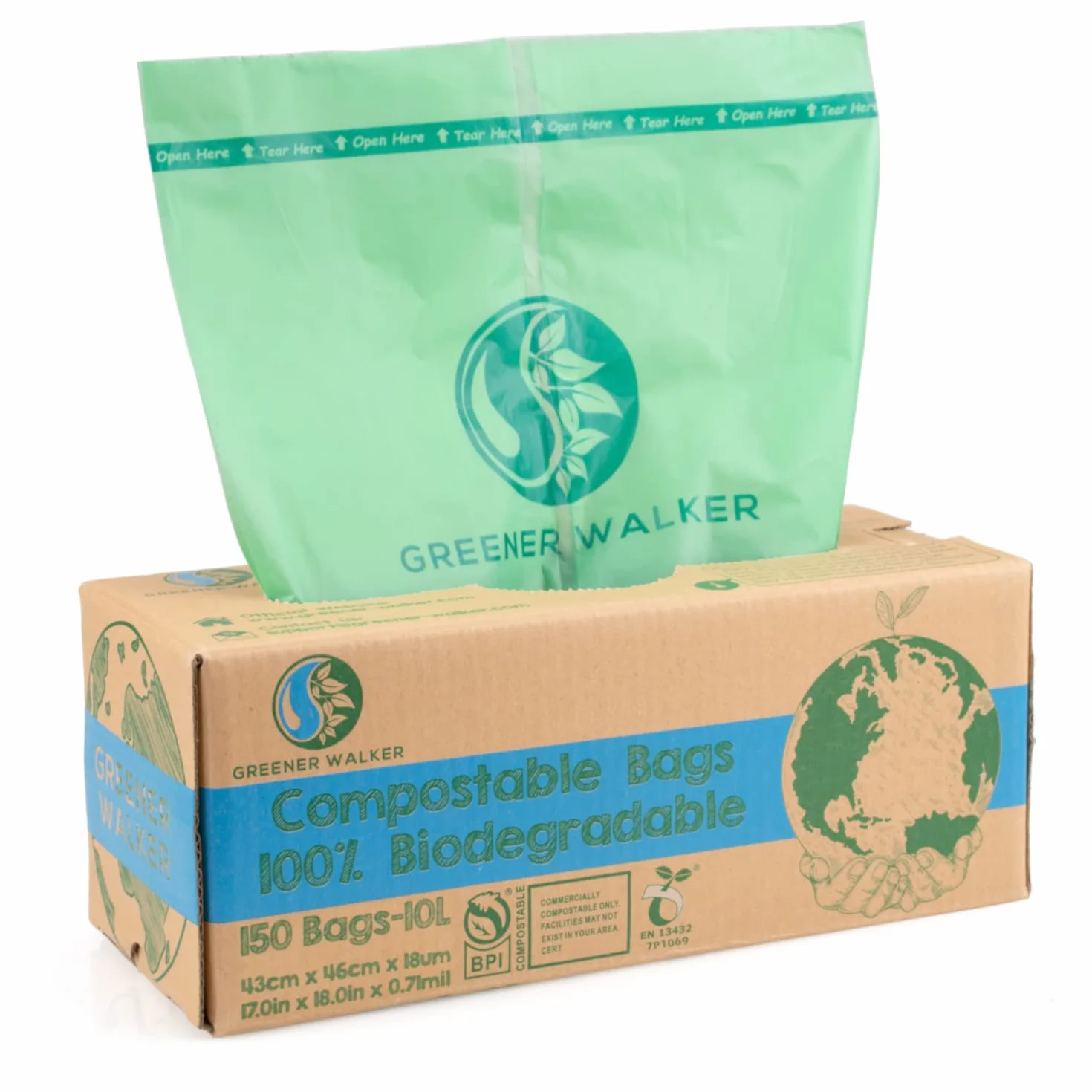 Greener Walker 10L-150 worków 100% kompostowalne biologicznie rozkładalne worki na śmieci 6 l/10 l/30 l worki na śmieci do kuchni, 100% kompostowalne, z certyfikatem EN13432