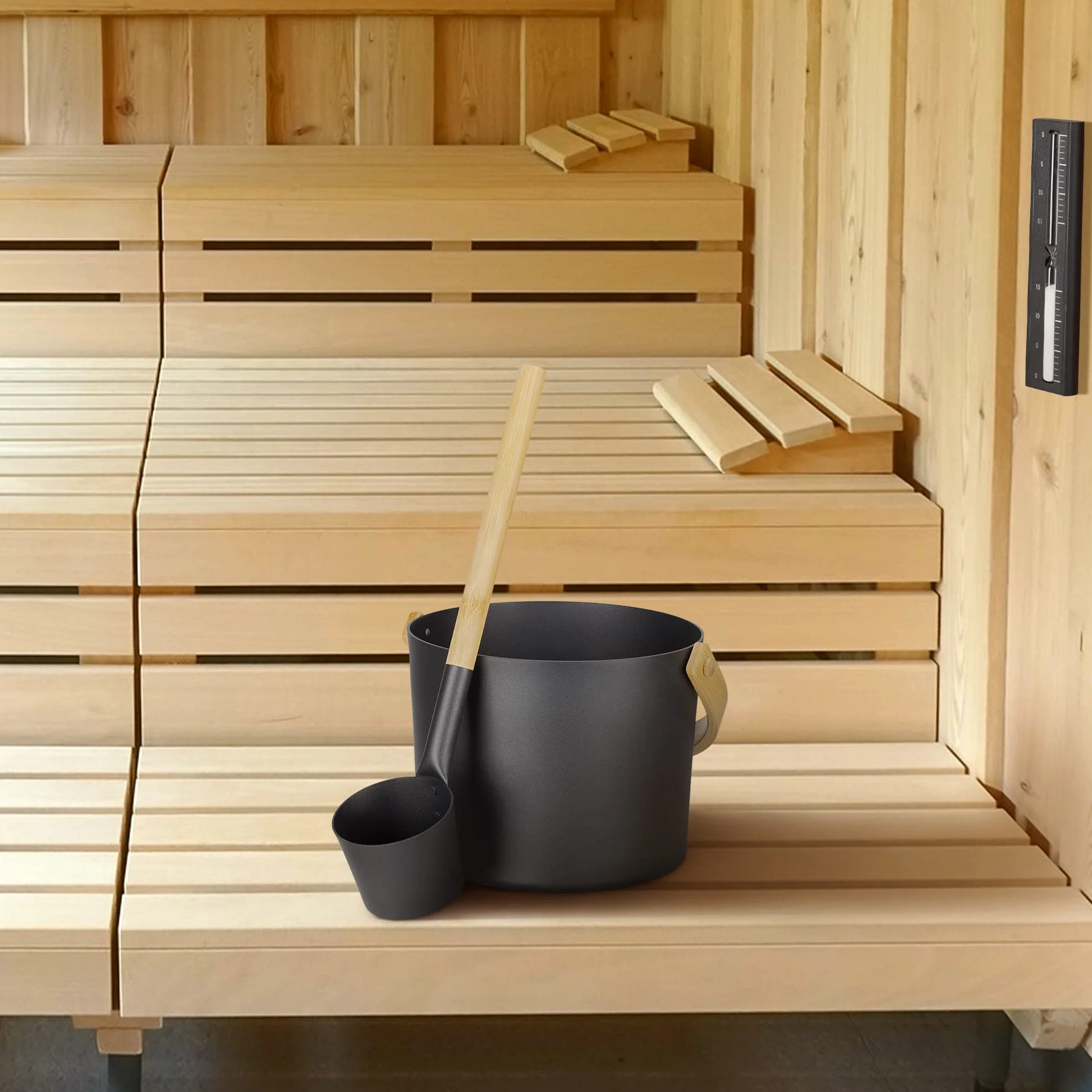 Navaris Czarny zestaw do sauny - Niezbędne akcesoria spa z aluminiowym wiadrem do sauny, chochlą, klepsydrą piaskową - Zestaw 3 akcesoriów do łaźni parowej