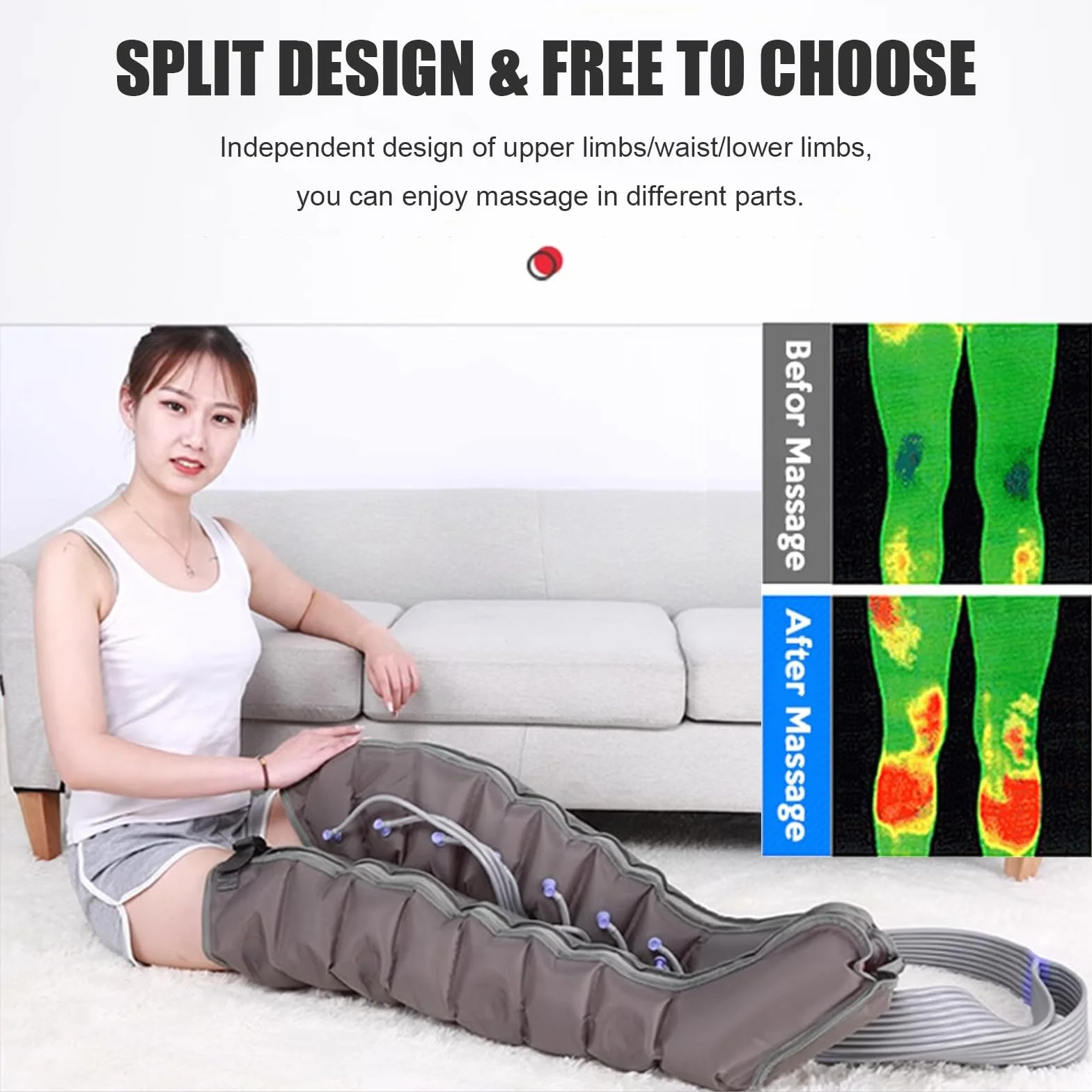 Masażer do nóg, kompresja powietrza, masażer łydek, obrzęk limfatyczny 6, system regeneracji butów kompresyjnych z 8 wnękami, maszyna uciskowa na całą nogę (8 komór 2 nogi + 1 talia