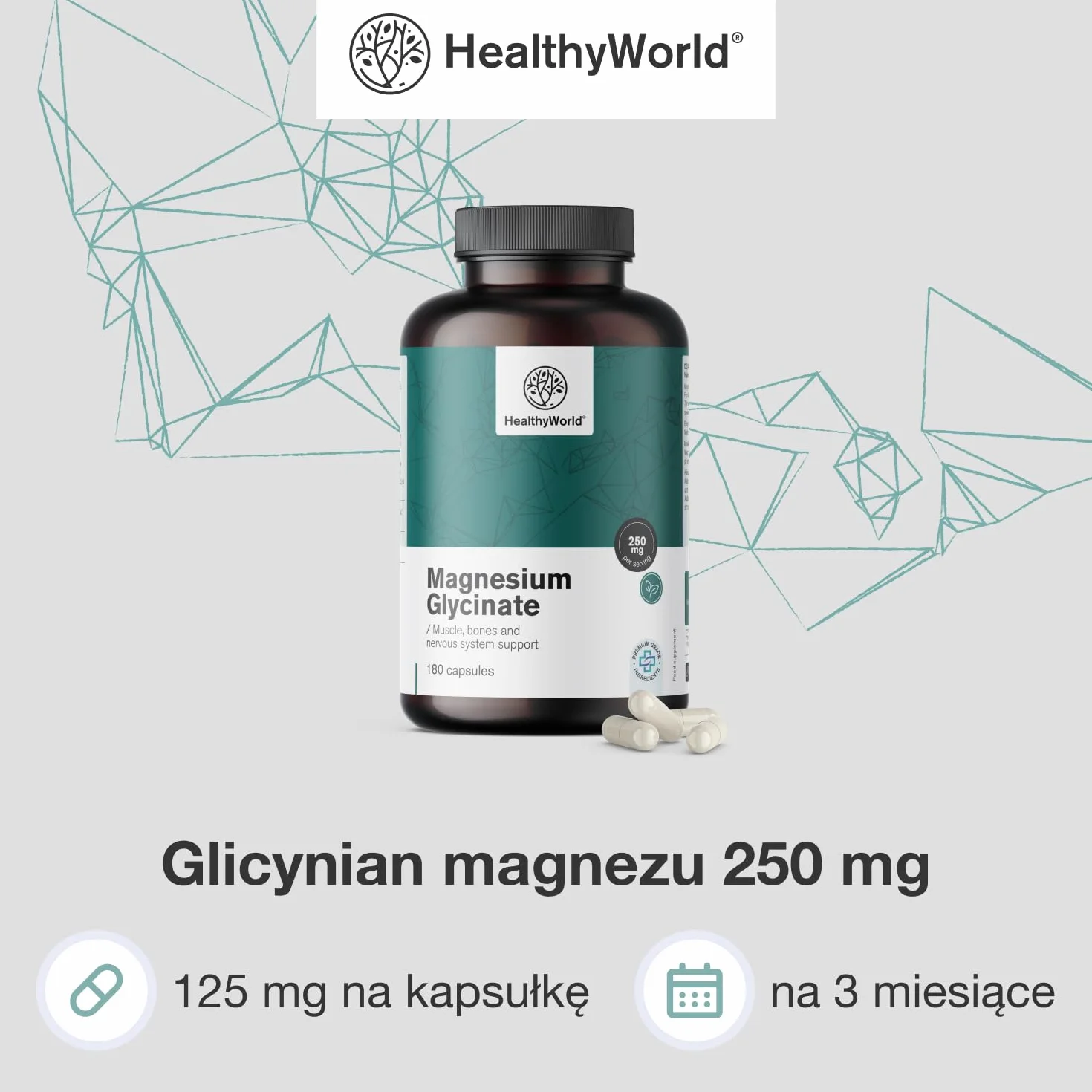 HealthyWorld Glicynian magnezu 250 mg 180 kapsułek roślinnych 125 mg magnezu na kapsułkę