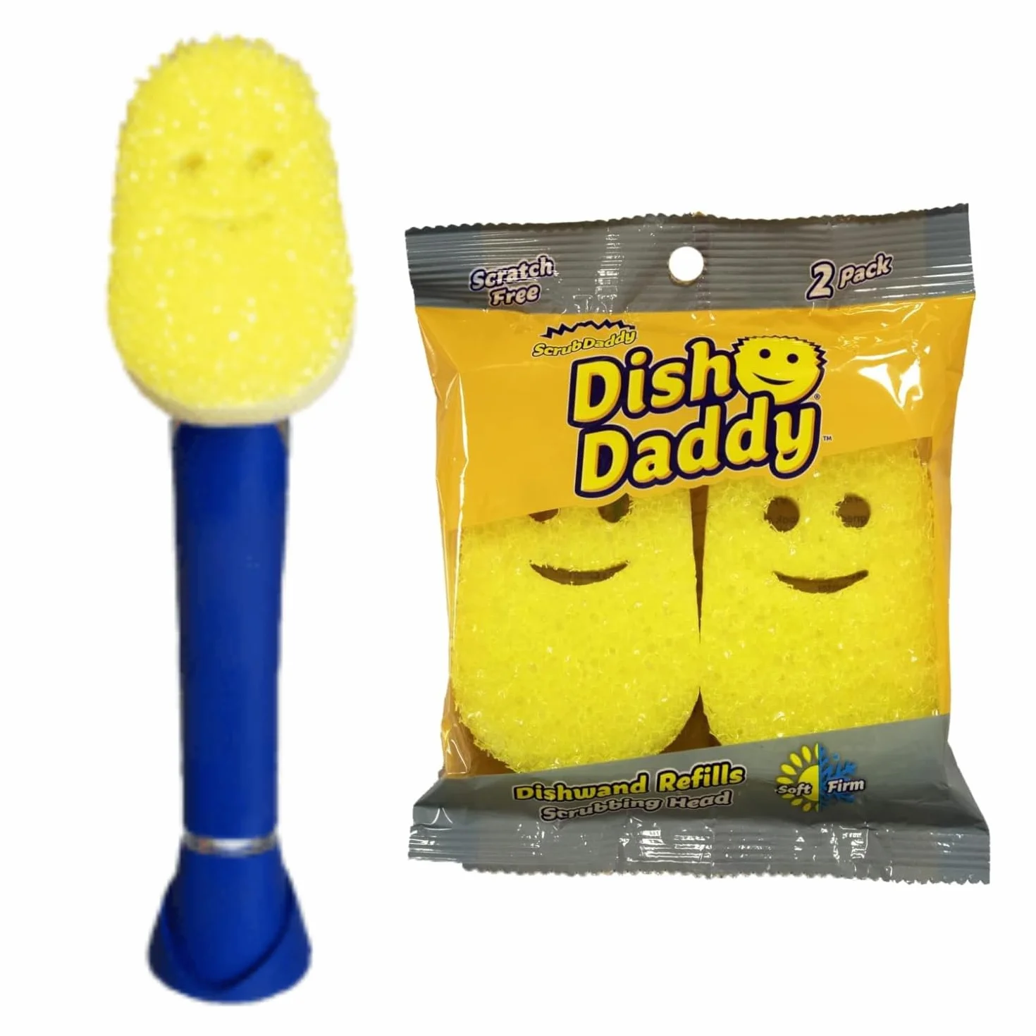 Scrub Daddy Dish Daddy Różdżka do naczyń z głowicami uzupełniającymi, szczotka do dozowania mydła, gąbka zmieniająca teksturę z uchwytem płynu i skrobakiem