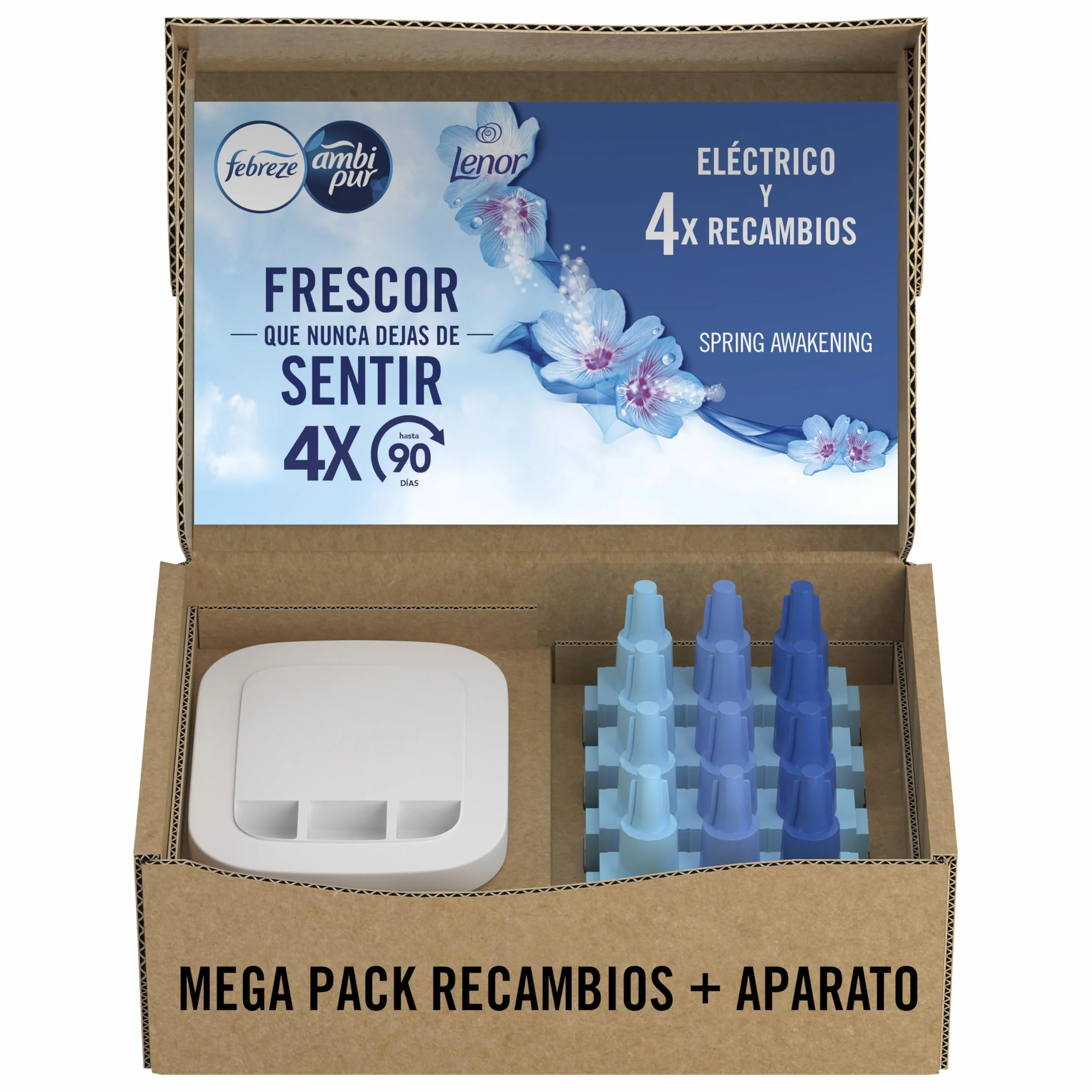 Febreze Programowalny odświeżacz powietrza 3 Volution, wtyczka zapachowa, zestaw startowy + 4 x flakony do uzupełniania, zapach kwietniowy, elektryczny zapach do pomieszczeń z 3 zmieniającymi się