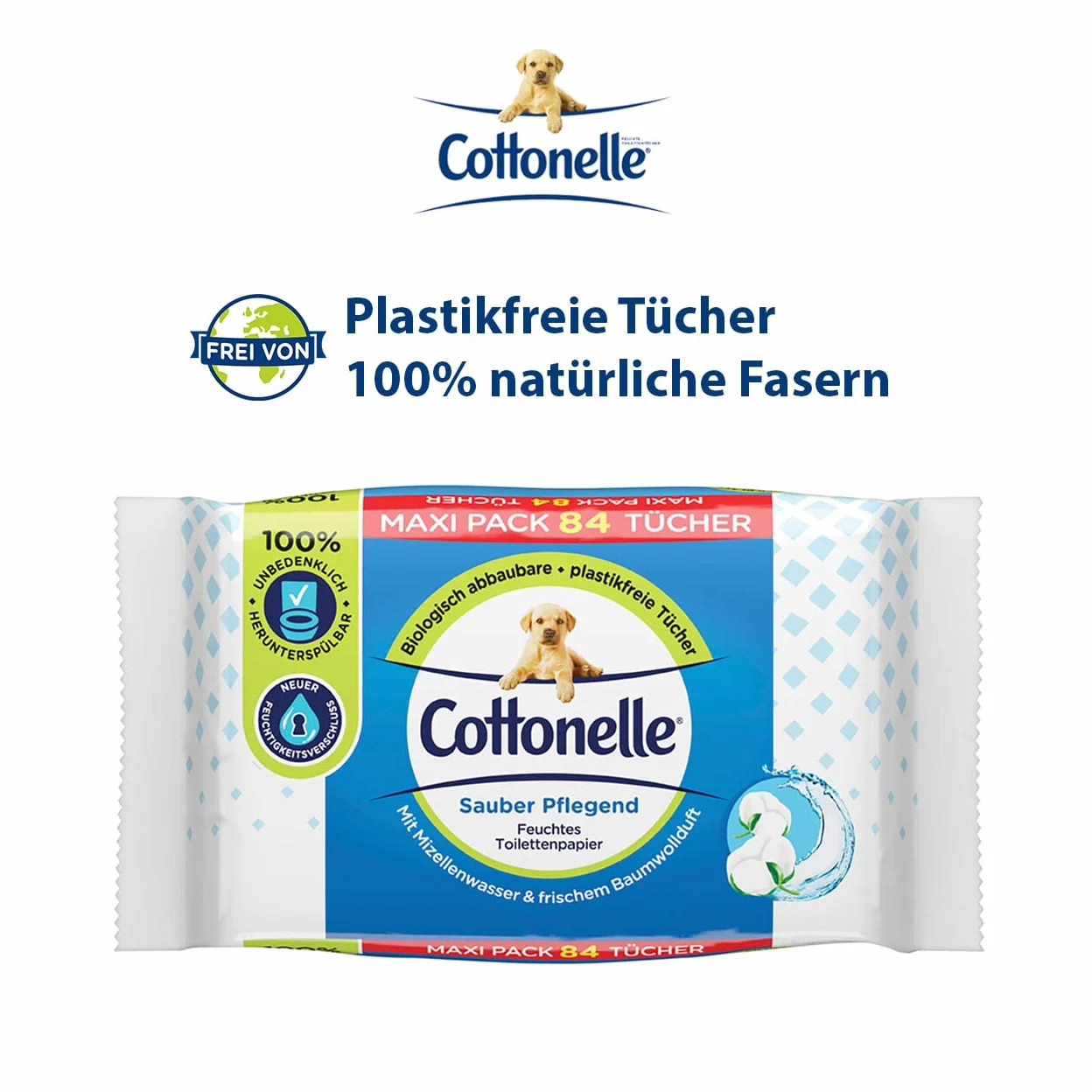 Cottonelle Wilgotny papier toaletowy, czysty, pielęgnacyjny, woda micelarna i zapach bawełny, opakowanie maksimum, 6 x 84 ściereczki toaletowe