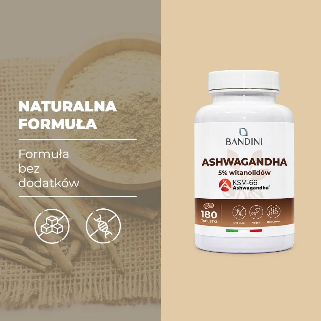 Bandini® Ashwagandha KSM-66® - 180 tabletek, 6 miesięcy - Withania Somnifera (indyjski żeń-szeń) - 5% witanolidów - Wegański ekstrakt z korzenia - Suplement o wysokiej mocy - Alternatywa dla kapsułek
