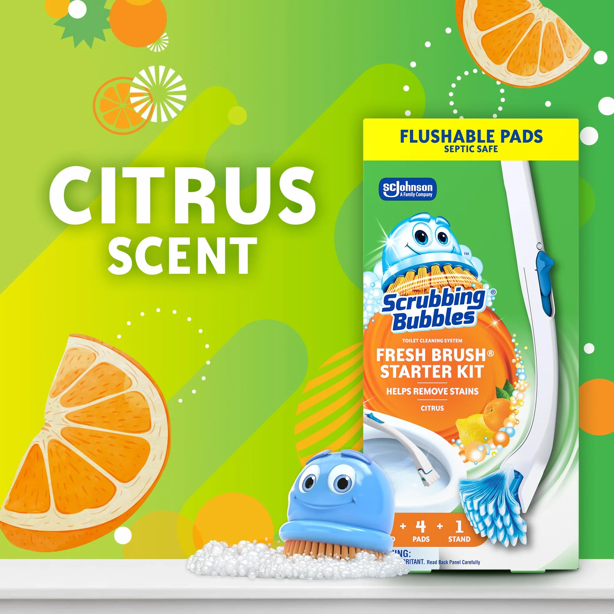 Scrubbing Bubbles Szczotka do muszli klozetowej i uchwyt z wkładkami do czyszczenia, zestaw startowy do czyszczenia różdżki toaletowej, oczyszcza kamień i zwalcza zapachy, cytrusowy zapach, 1 różdżka