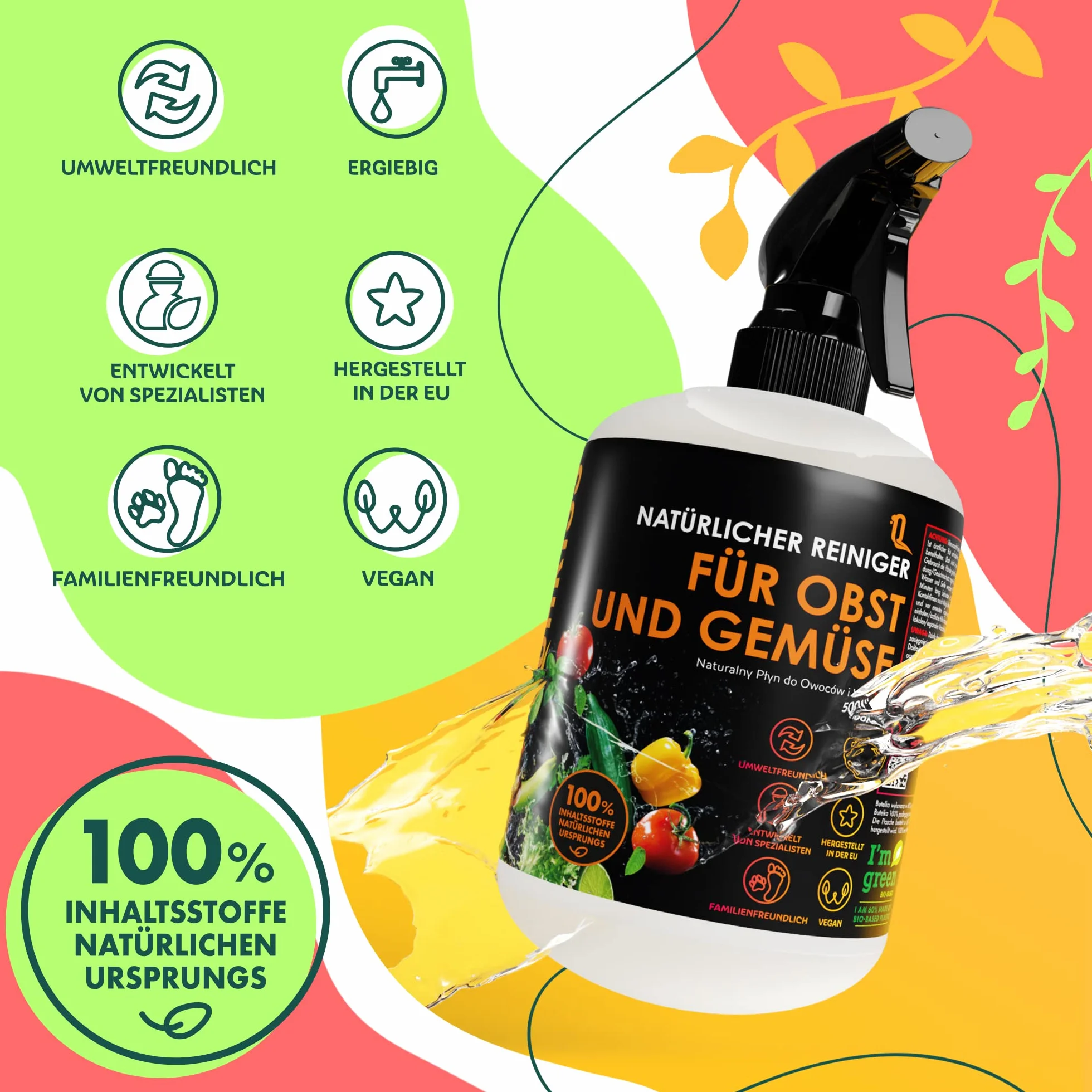 Naturalny środek do czyszczenia owoców i warzyw - Wegański środek do czyszczenia warzyw owoców - Usuwa pył woskowy i inne zanieczyszczenia - 2 X 500ml