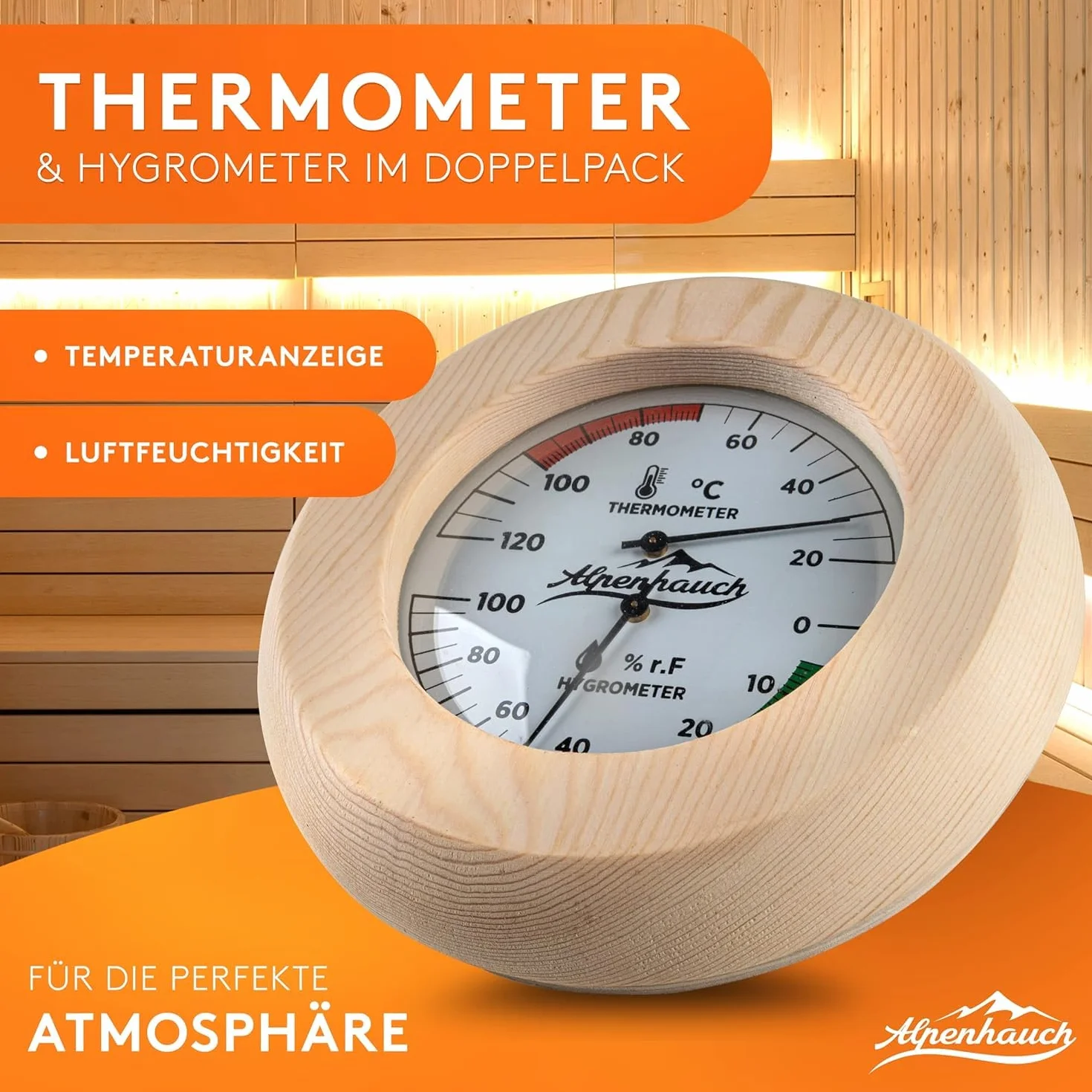 ALPENHAUCH Termometr do sauny, higrometr z drewna, funkcja 2 w 1, wyjątkowo precyzyjny termometr do sauny z hartowanego szkła, automatyczna kalibracja, eleganckie akcesoria do sauny, higrometr