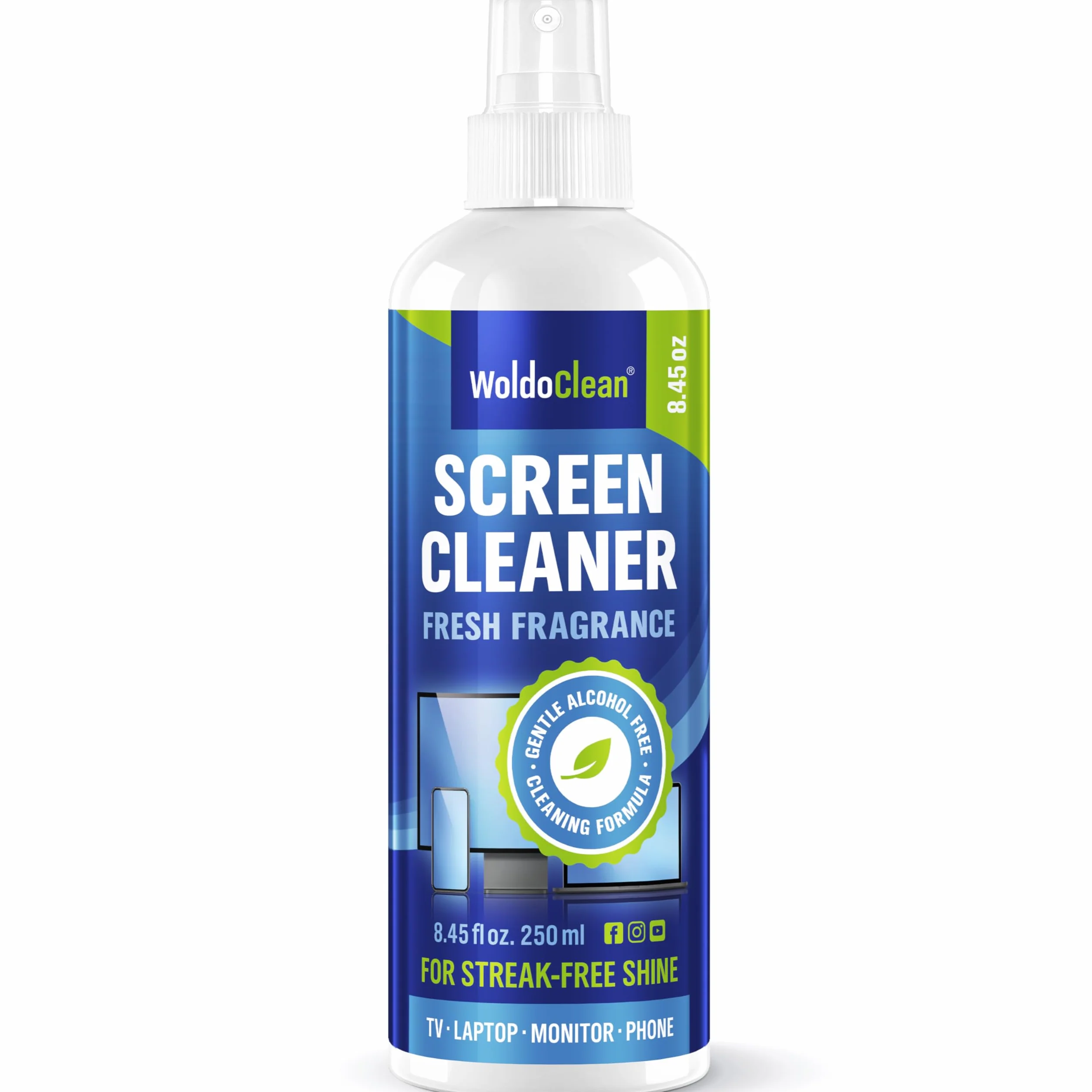WoldoClean Czyścik do ekranów & spray do wyświetlaczy 250 ml – antystatyczny środek czyszczący do TV, monitora, laptopa, telewizora, smartfona i ekranów dotykowych w samochodzie