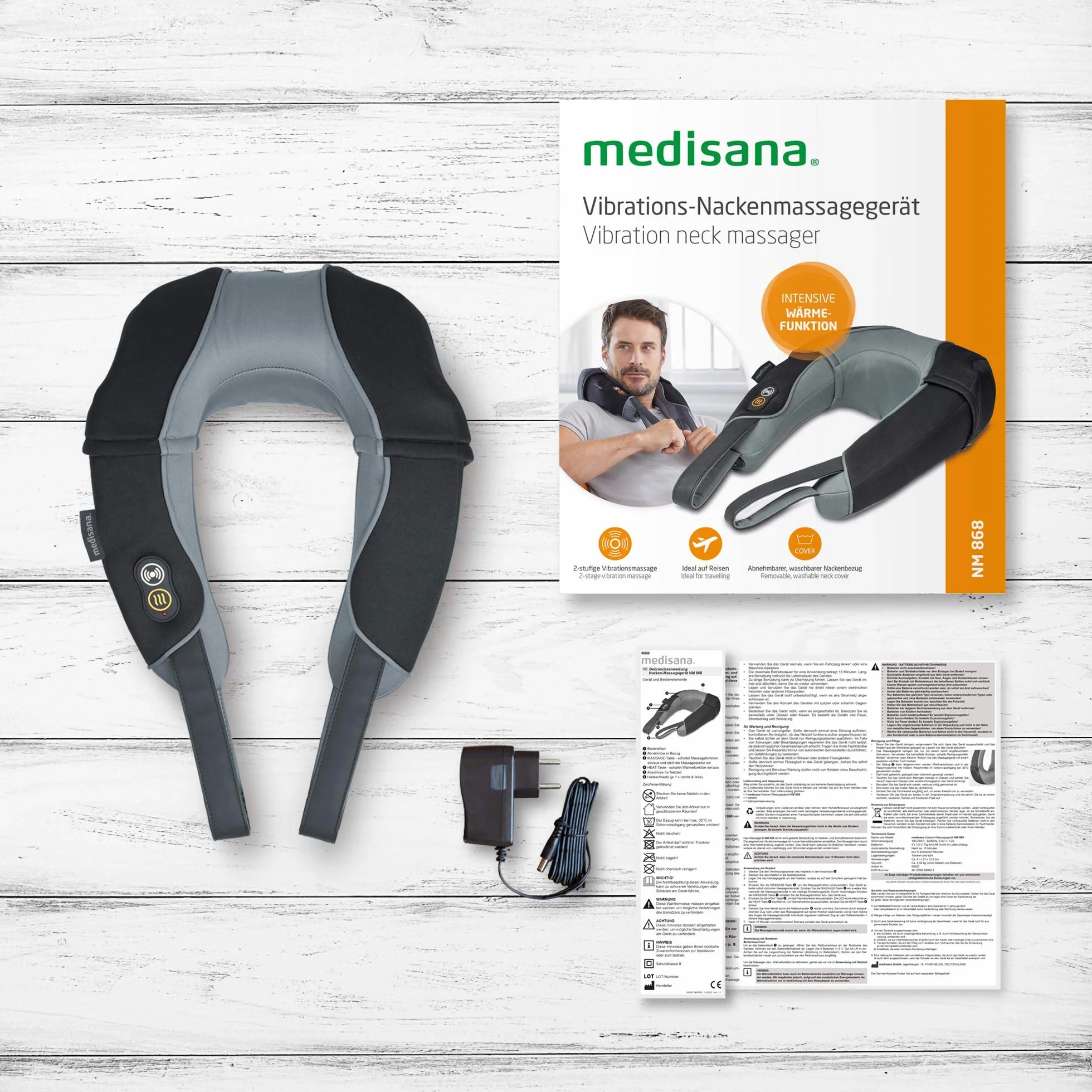 medisana NM 868 Poduszka do masażu karku z masażem wibracyjnym, ulepszona funkcja ciepła, masaż wibracyjny szyi i ramion, poduszka do masażu karku zasilana bateriami, do domu, biura lub w podróży