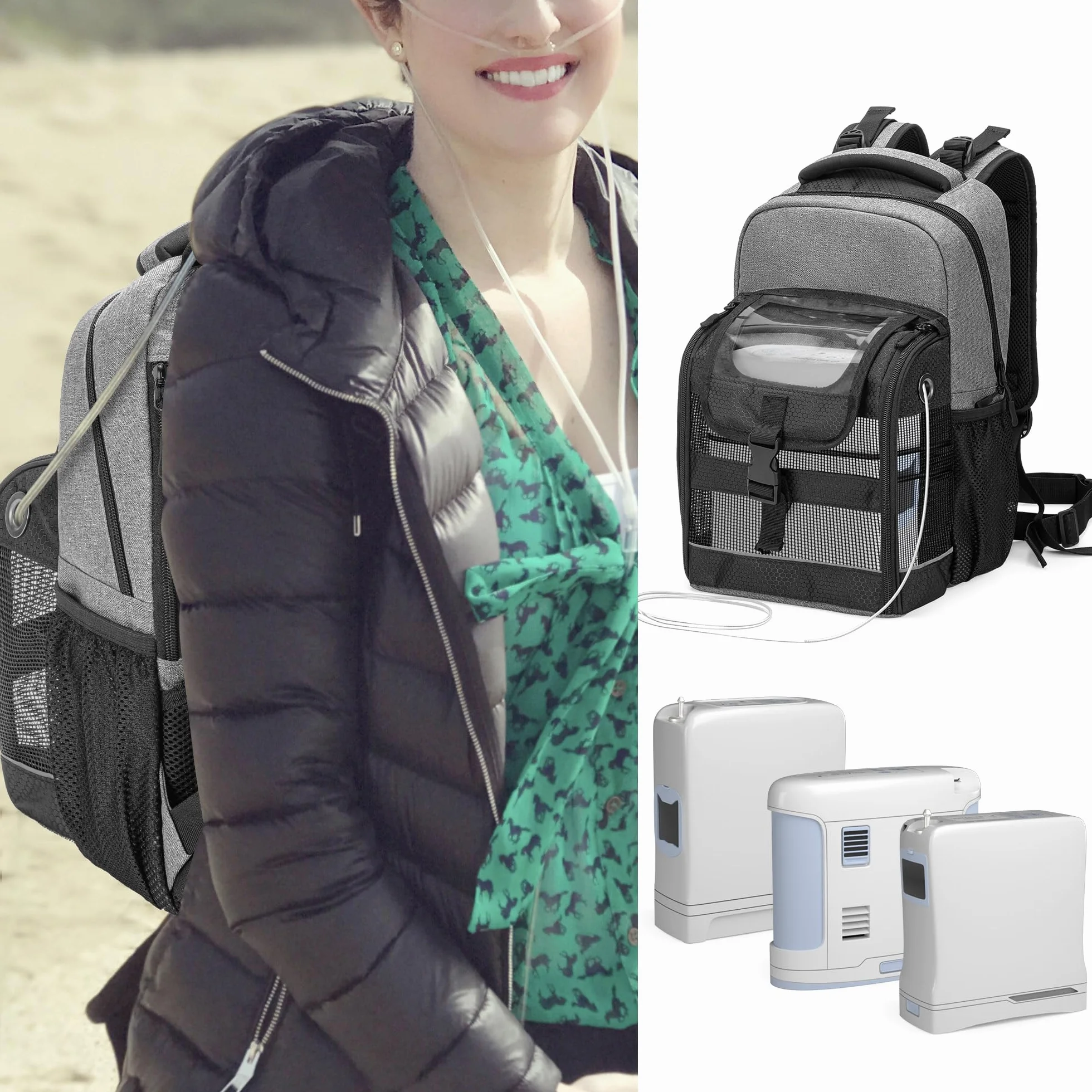 Trunab Plecak z Przenośnym Koncentratorem Tlenu, Torba Transportowa POC z Przezroczystą Osłoną, Wiele Kieszeni Kompatybilnych z Inogen One, Caire Freestyle Comfort, Oxygo, Jak Również SimplyGo Mini, Opatentowana Konstrukcja, Szary