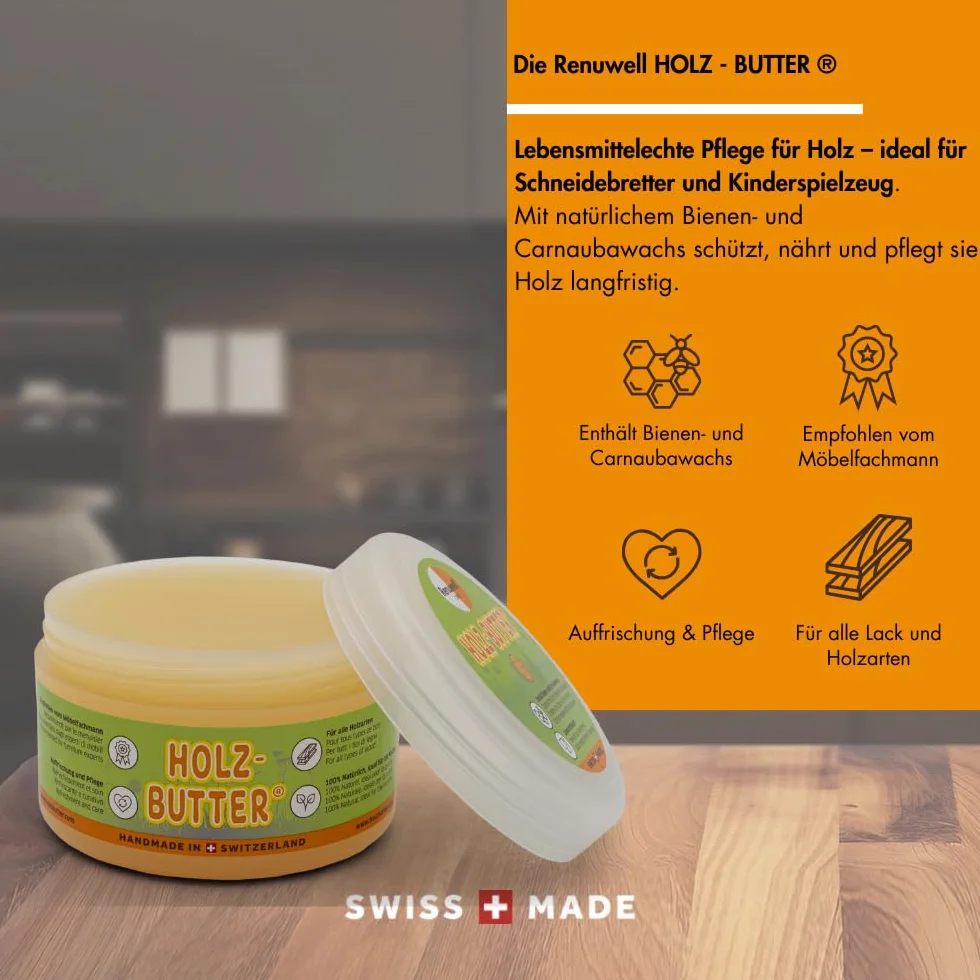 Renuwell 2 x 250 ml masła drewnianego, pielęgnacja mebli, pielęgnacja drewna, 100% nadaje się do kontaktu z żywnością, zestaw ekonomiczny