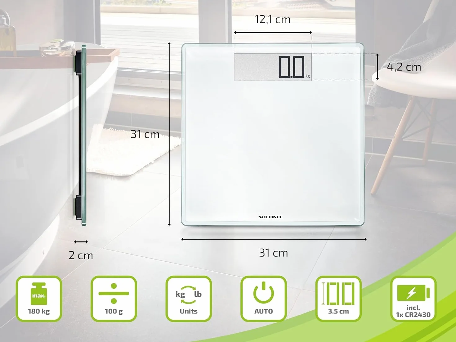 Soehnle Style Sense Comfort 100, waga osobowa z szerokim wyświetlaczem LCD, waga precyzyjna do 180 kg, trwała waga osobowa