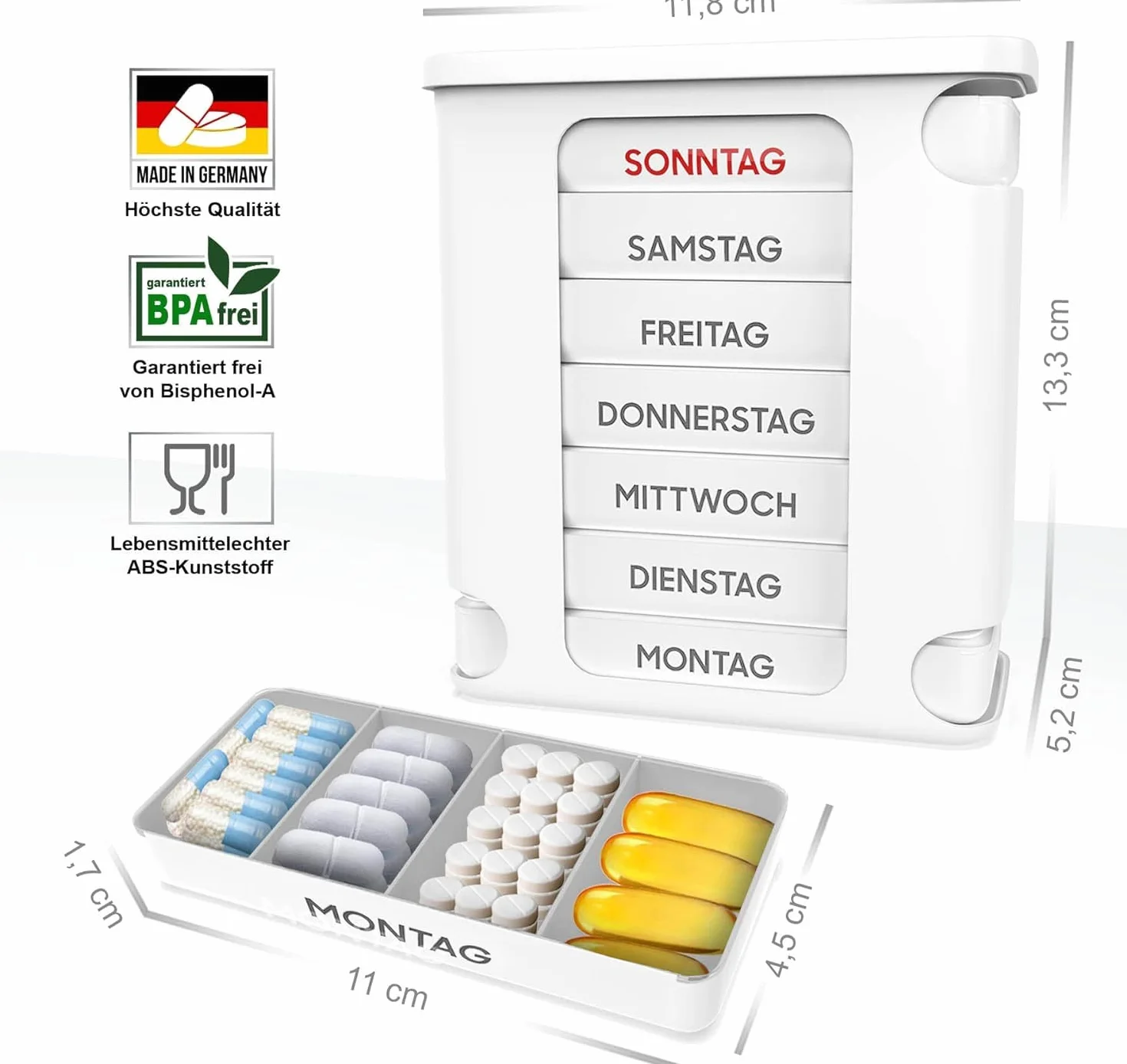Pudełko na tabletki 7 dni, wyprodukowano w Niemczech, pudełko na tabletki z 4 przegródkami – rano w południe, wieczorem w nocy | pudełko na leki na tabletki i suplementy