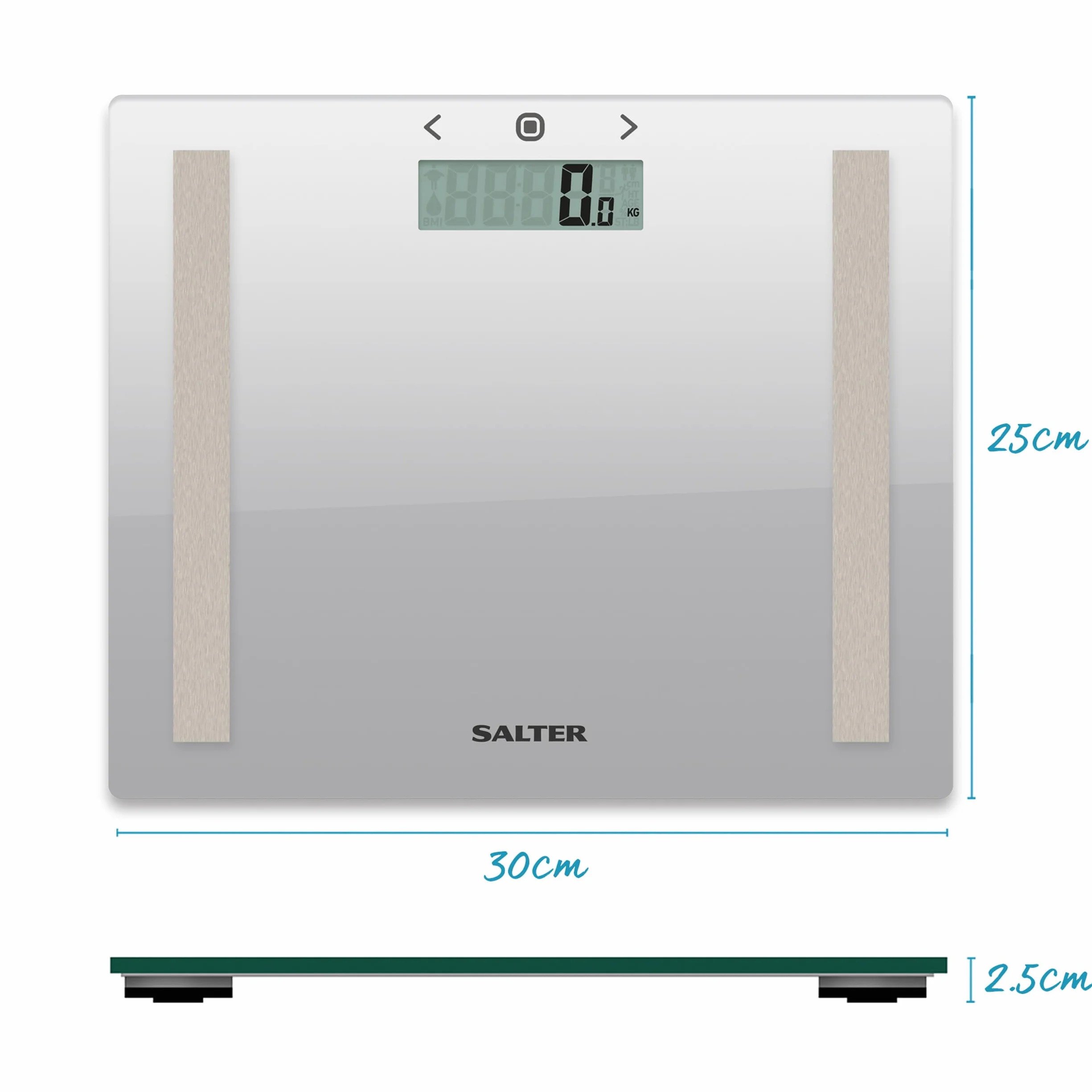 Salter 9113 SV3R Compact Glass Analyser Scale, 150 kg, 8 User Memory, Athlete Mode, Measures Weight, Body Fat/Water, BMI, Carpet Feet, Silver