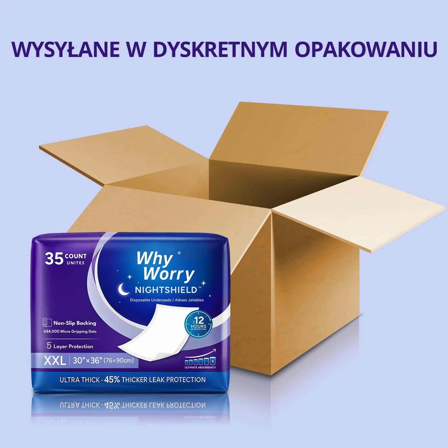 WhyWorry NightShield Podkładki na łóżko dla dorosłych z antypoślizgowym uchwytem, 76 cm x 91 cm, bardzo duże podkładki dla kobiet i mężczyzn, wodoodporne, jednorazowe podkładki, kontrola zapachu