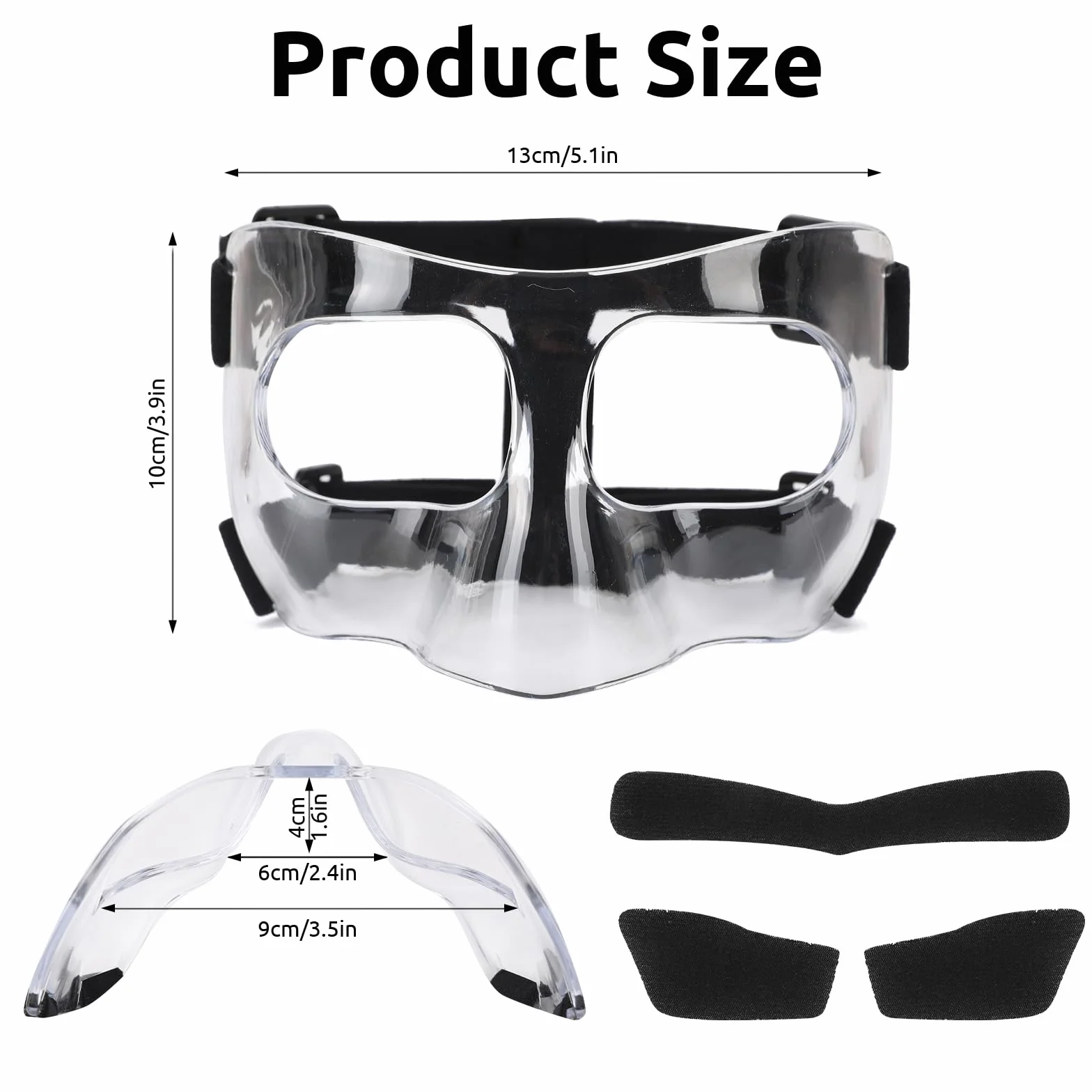 Maska na nos, piłka nożna, ochrona twarzy, ochrona twarzy, ochrona nosa do siatkówki, regulowana ochrona twarzy z wyściółką, dla dorosłych unisex (przezroczysta-2)