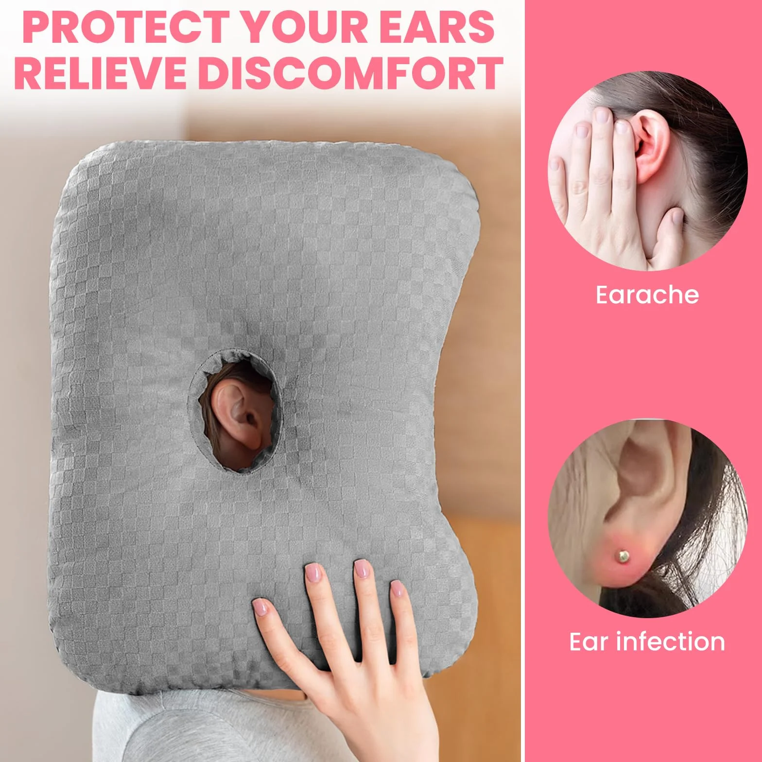 Poduszka Piercingowa z Otworem do Ucha, Ergonomiczna Poduszka, Regulowana Bawełna i Poliester, do Spania na Boku, Łagodzenie Bólu Ucha oraz Nacisku (Szary)