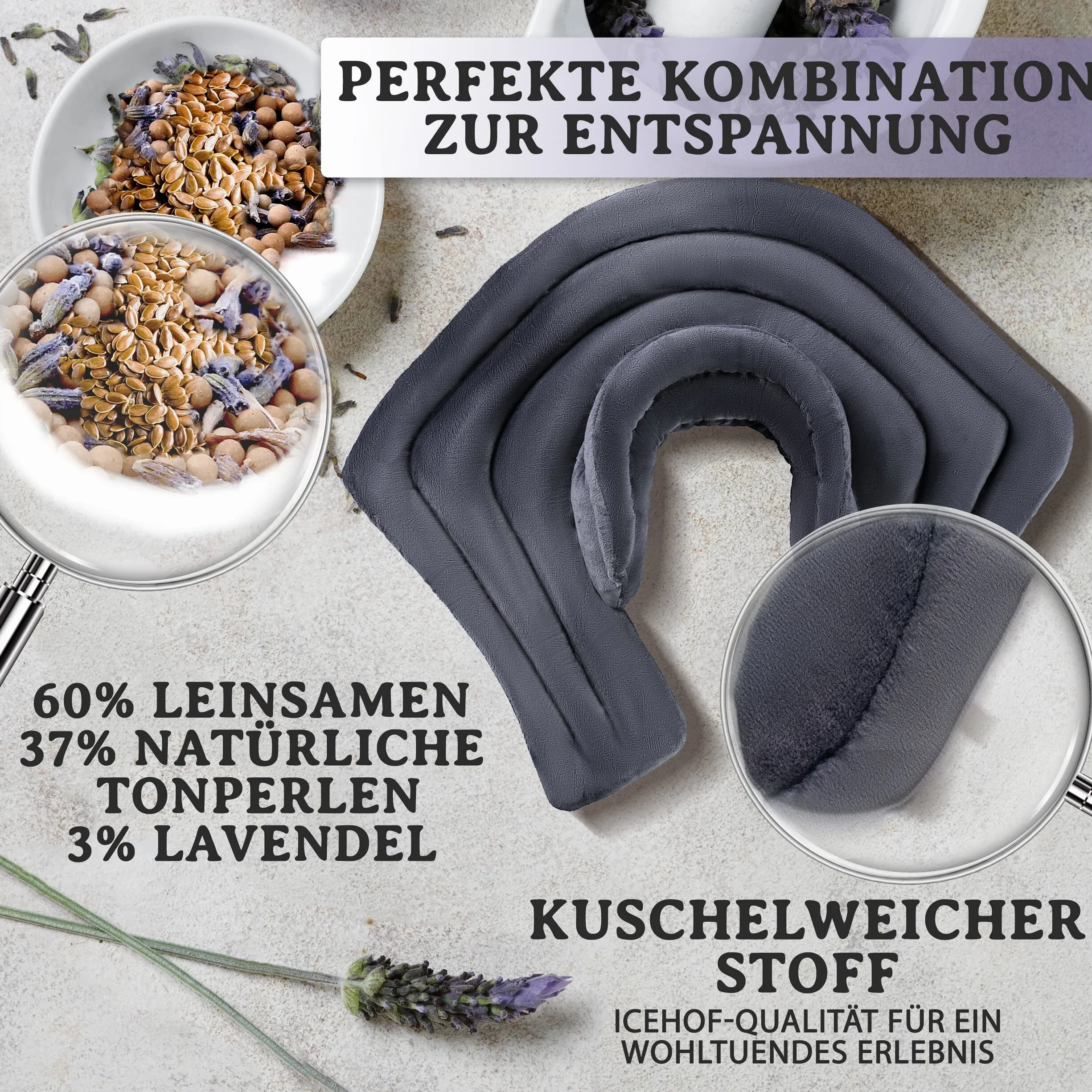 ICEHOF Lawendowa poduszka termiczna na szyję i ramiona XL – miękkie ciepło dzięki naturalnym perłom z gliny i towarzyszącemu aromaterapii, ergonomiczny kształt