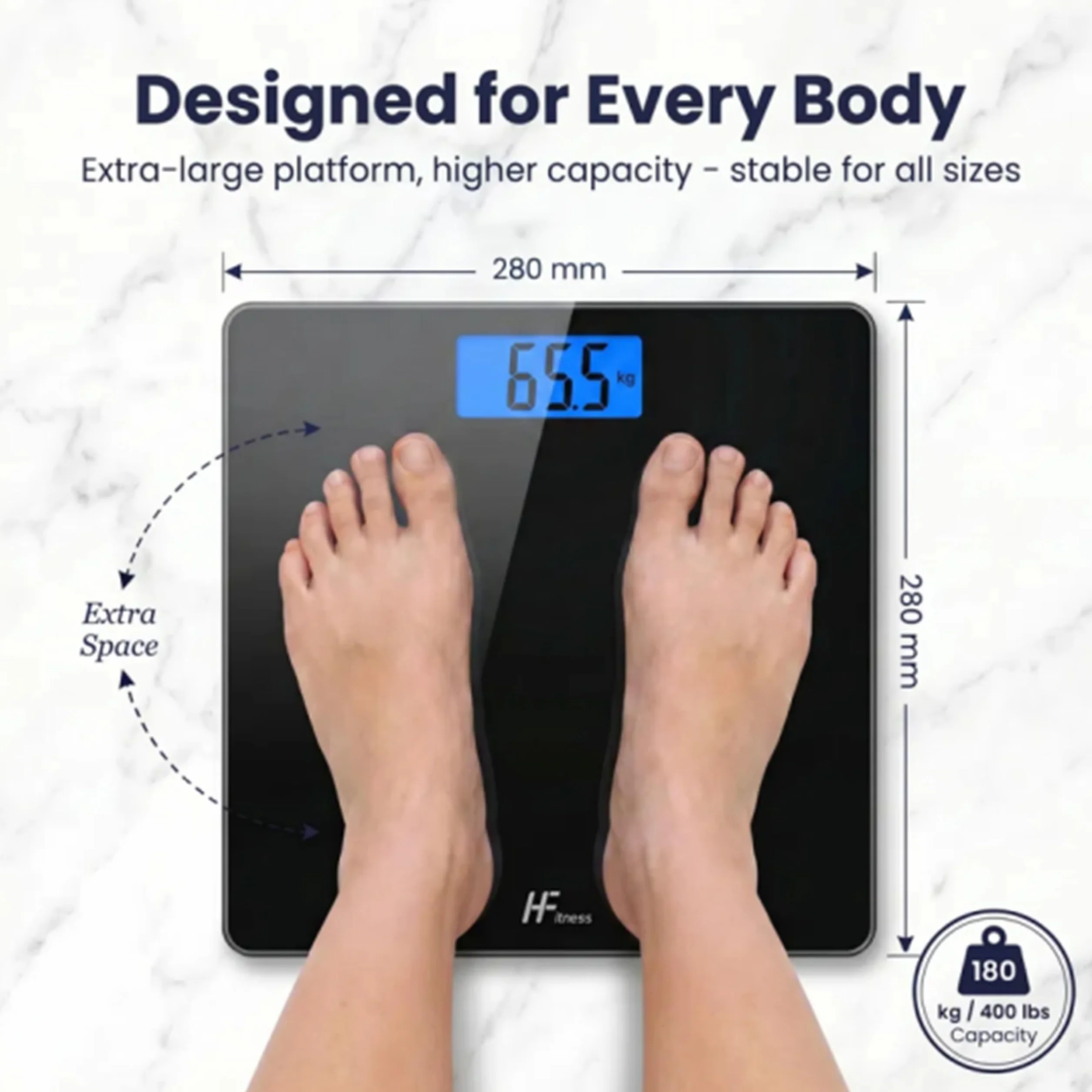 HomeFashion HFitness 28x28cm 180KG Cyfrowa Waga Łazienkowa do Pomiaru Masy Ciała Podświetlany Wyświetlacz Zarządzanie Wagą Czarna - Cyfrowe Wagi Łazienkowe