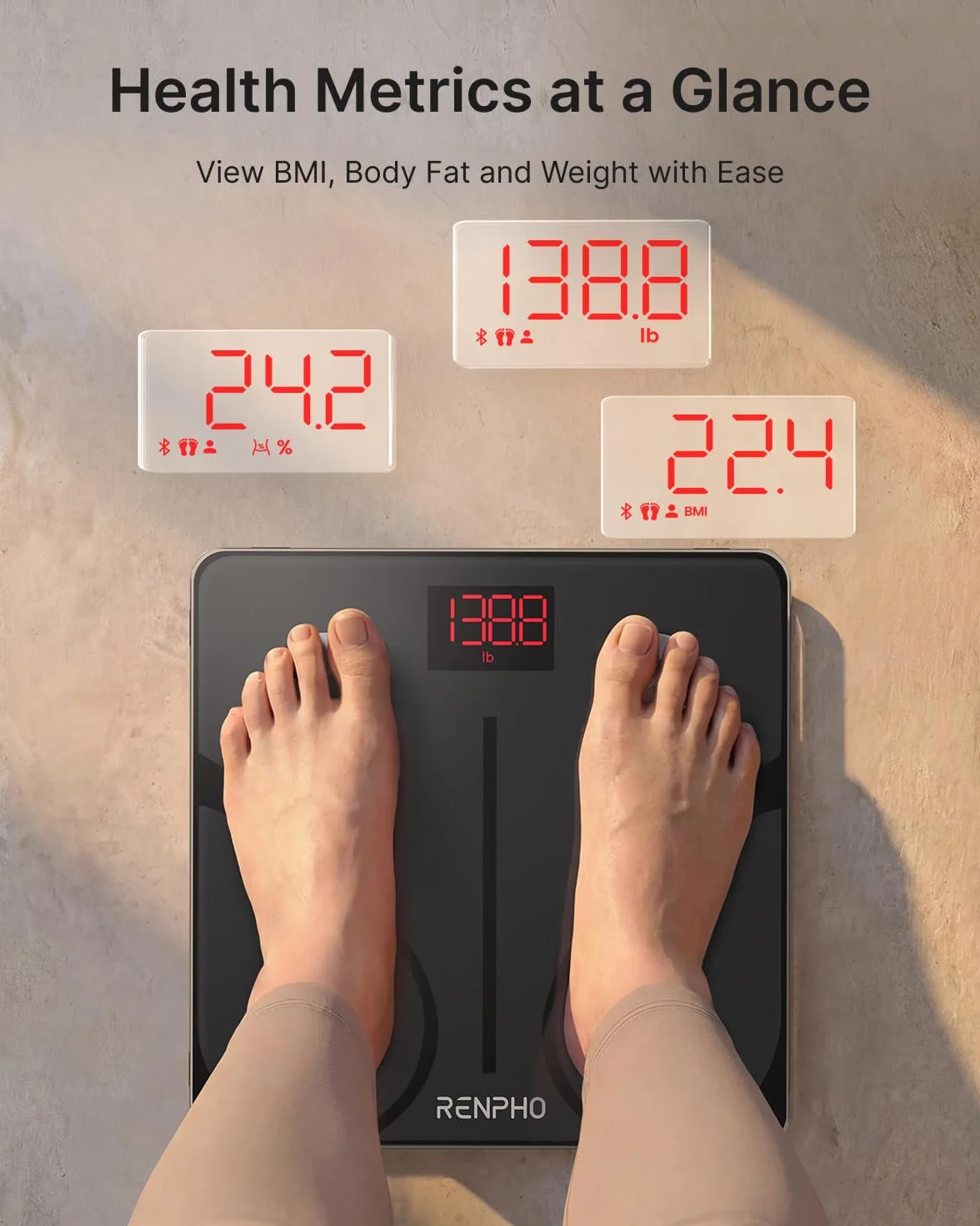 RENPHO Body Fat Scale Bluetooth, Cyfrowe Body Weight Bathroom Scales Weighing Scale Smart BMI Scales, Body Composition Monitors z Aplikacją na Smartfon, Kolor Czarny