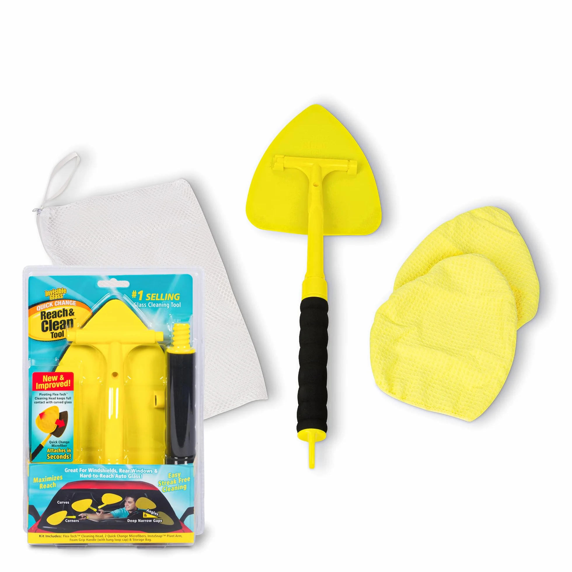 Invisible Glass 95160 Reach & Clean Glass Windshield Cleaner Tool Kit With Extendable Handle, (2) Reusable Quick Change Microfibers, and Storage Bag for Auto Windshield, Trucks, SUVs, RVs, and Windows