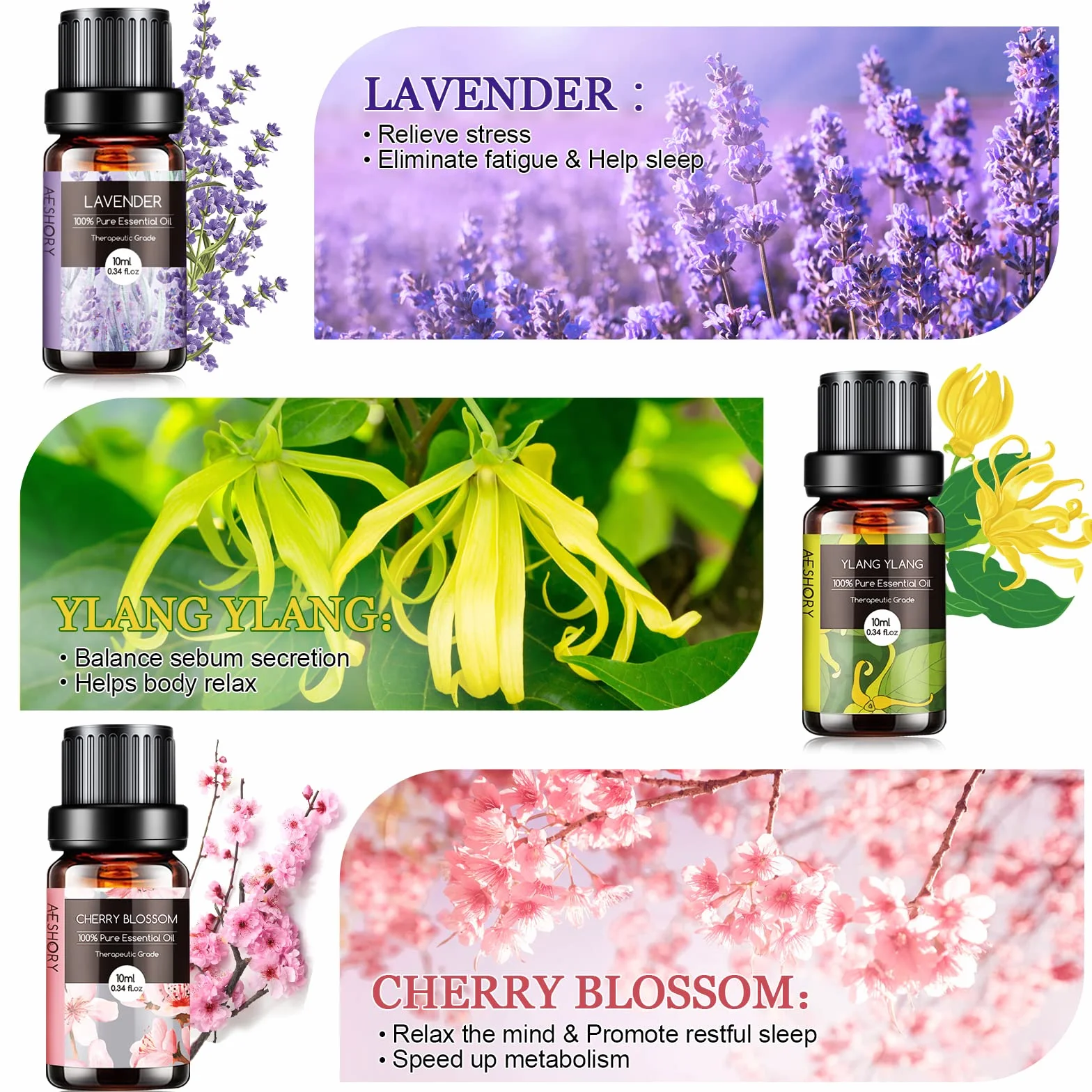 Aeshory Zestaw Olejków Eterycznych Kwiaty 7 x 10ml, 100% Naturalny Olejek Zapachowy Do Aromaterapii Do Dyfuzorów - Lawenda, Róża, Biała Herbata, Kwiat Wiśni, Rumianek, Ylang-Ylang, Goździk